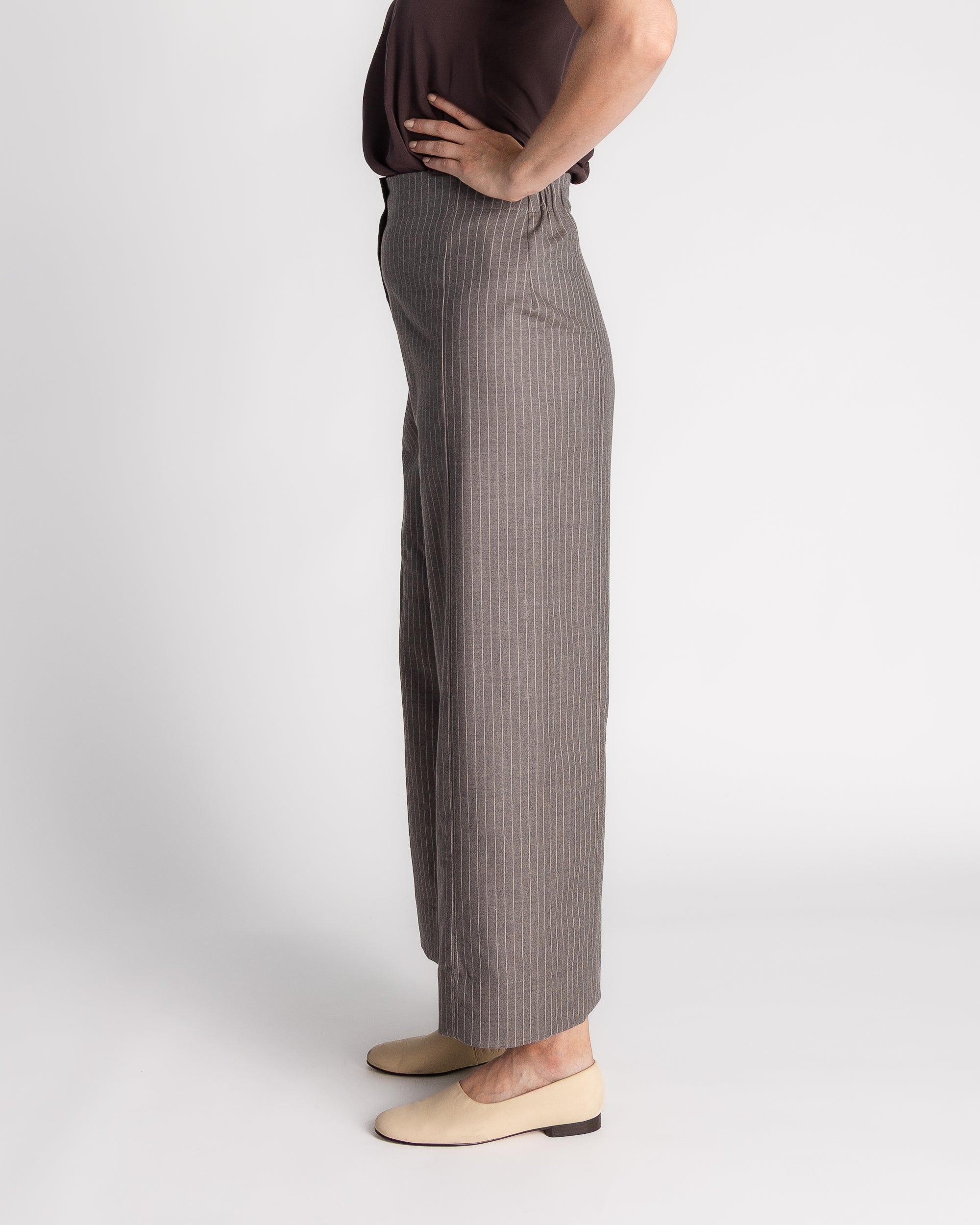 Panel Pant in Taupe Wool Pinstripe