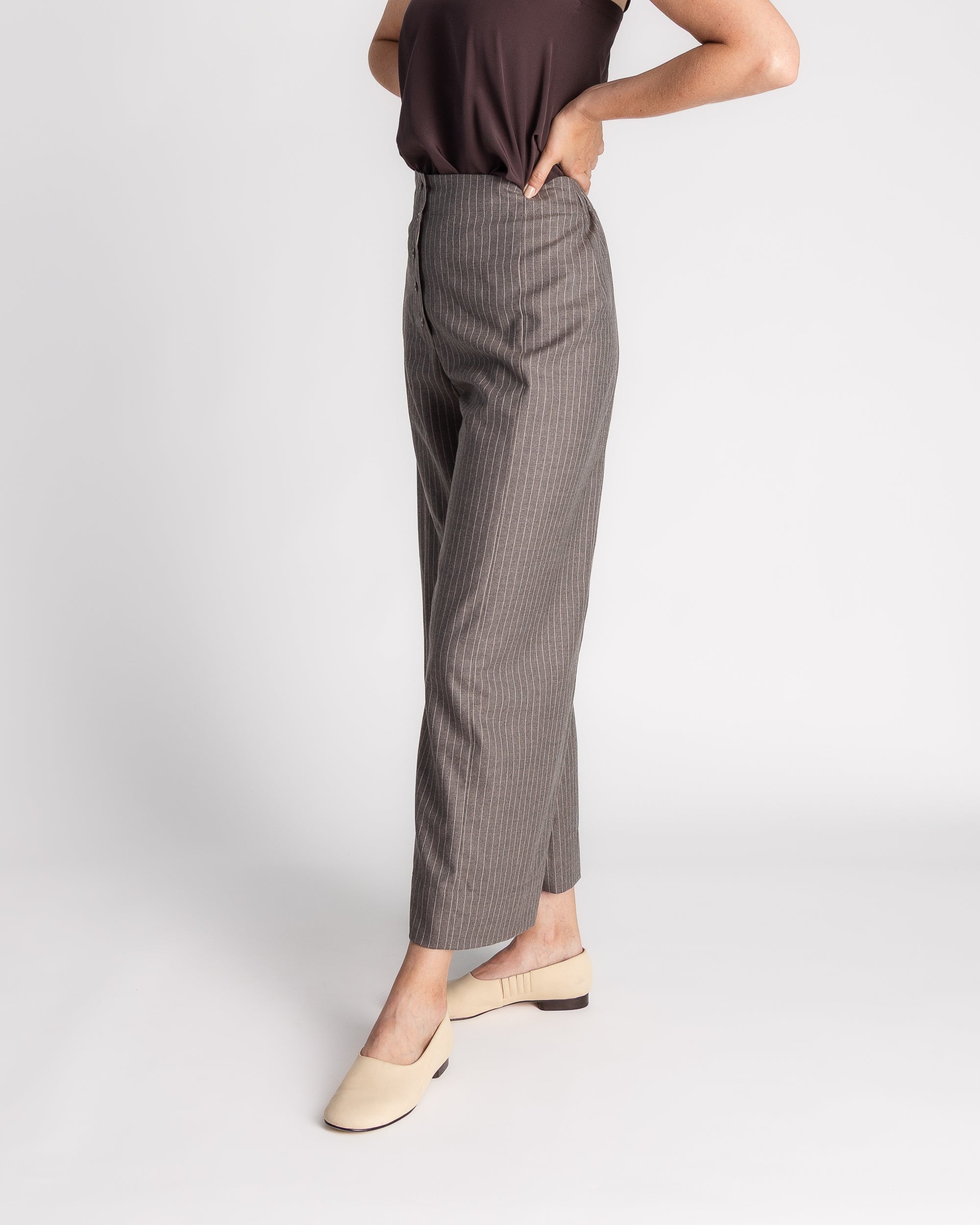 Panel Pant in Taupe Wool Pinstripe