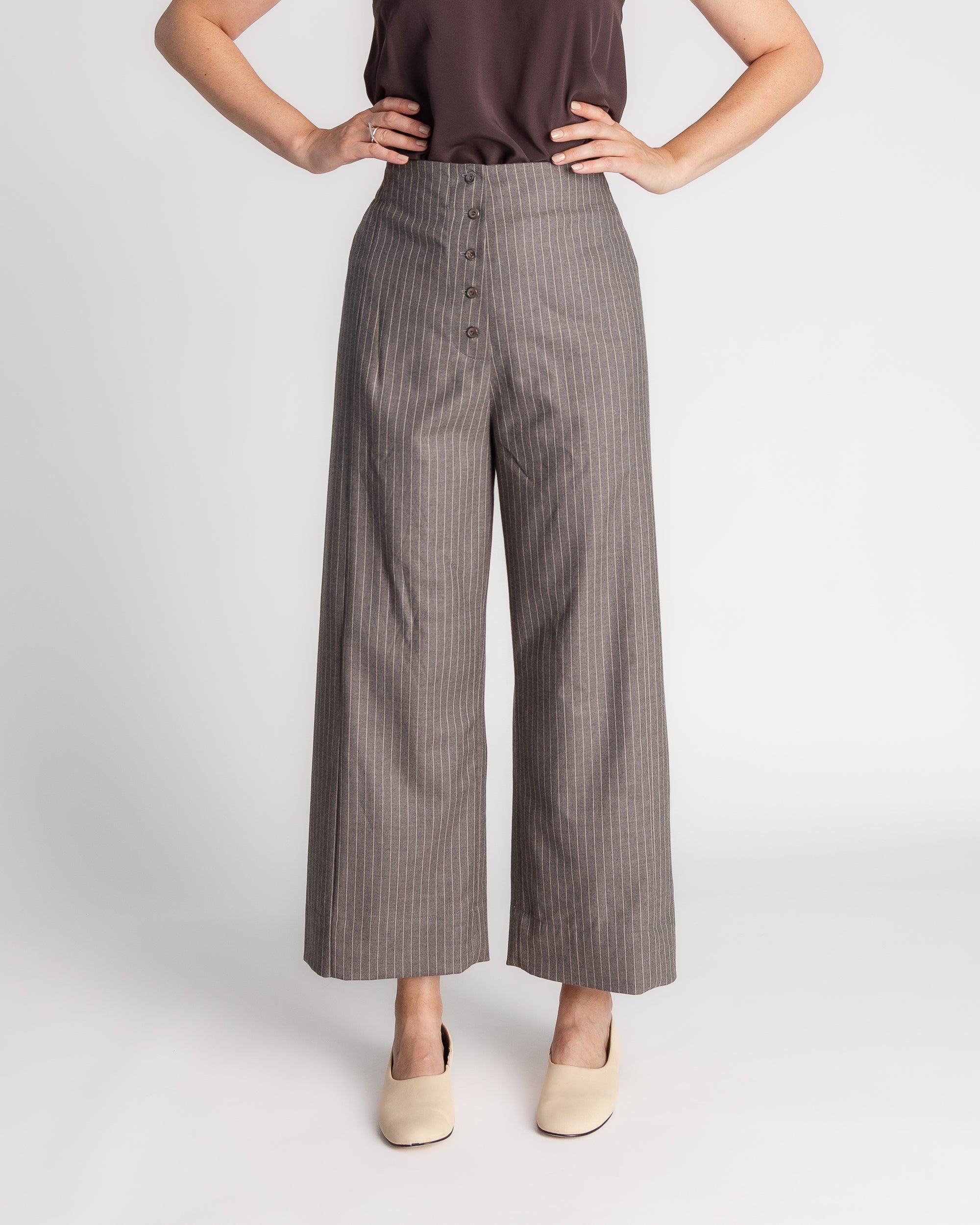Panel Pant in Taupe Wool Pinstripe