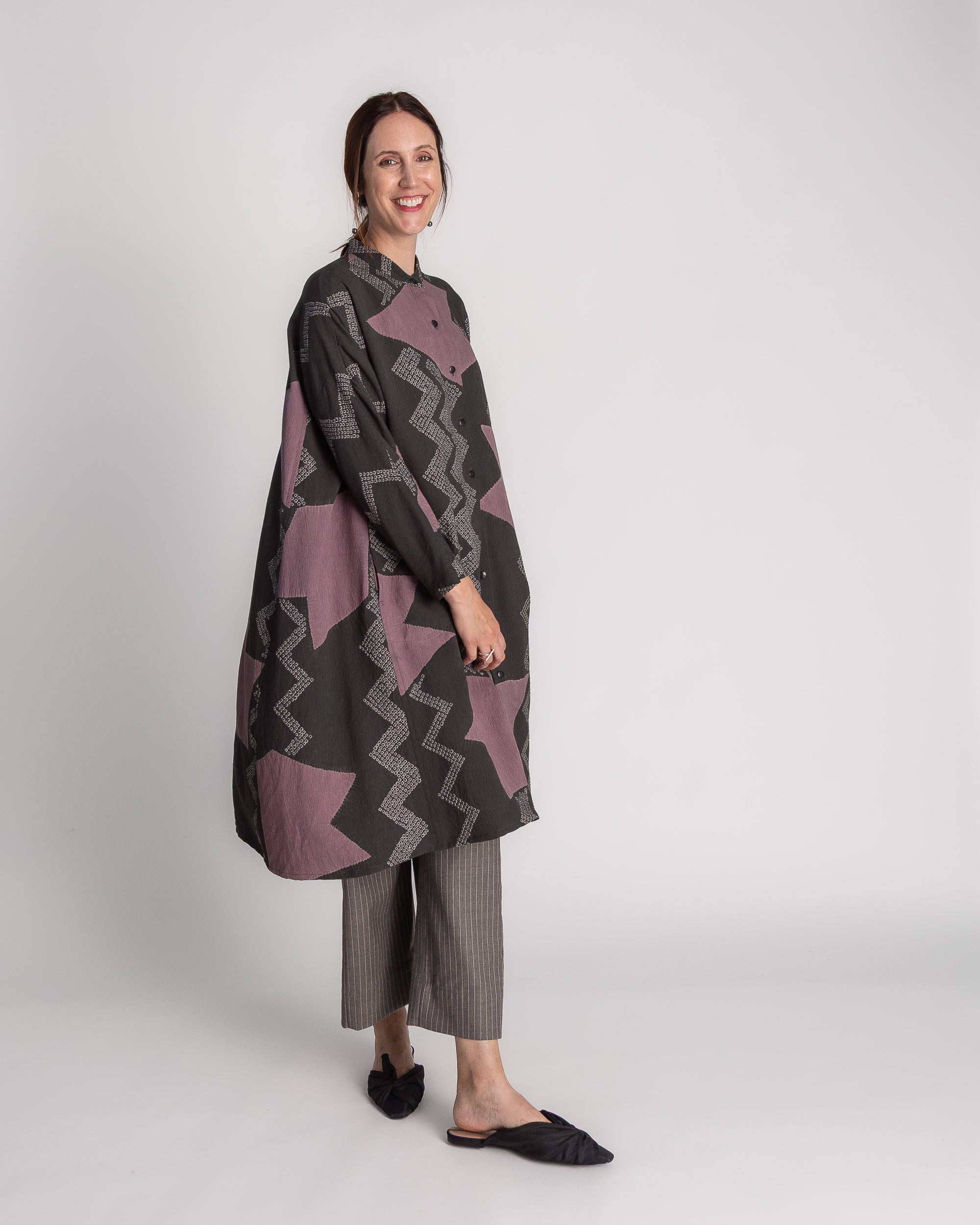Japan Dress in Vintage Charcoal and Pink Japanese Tie-dyed Silk