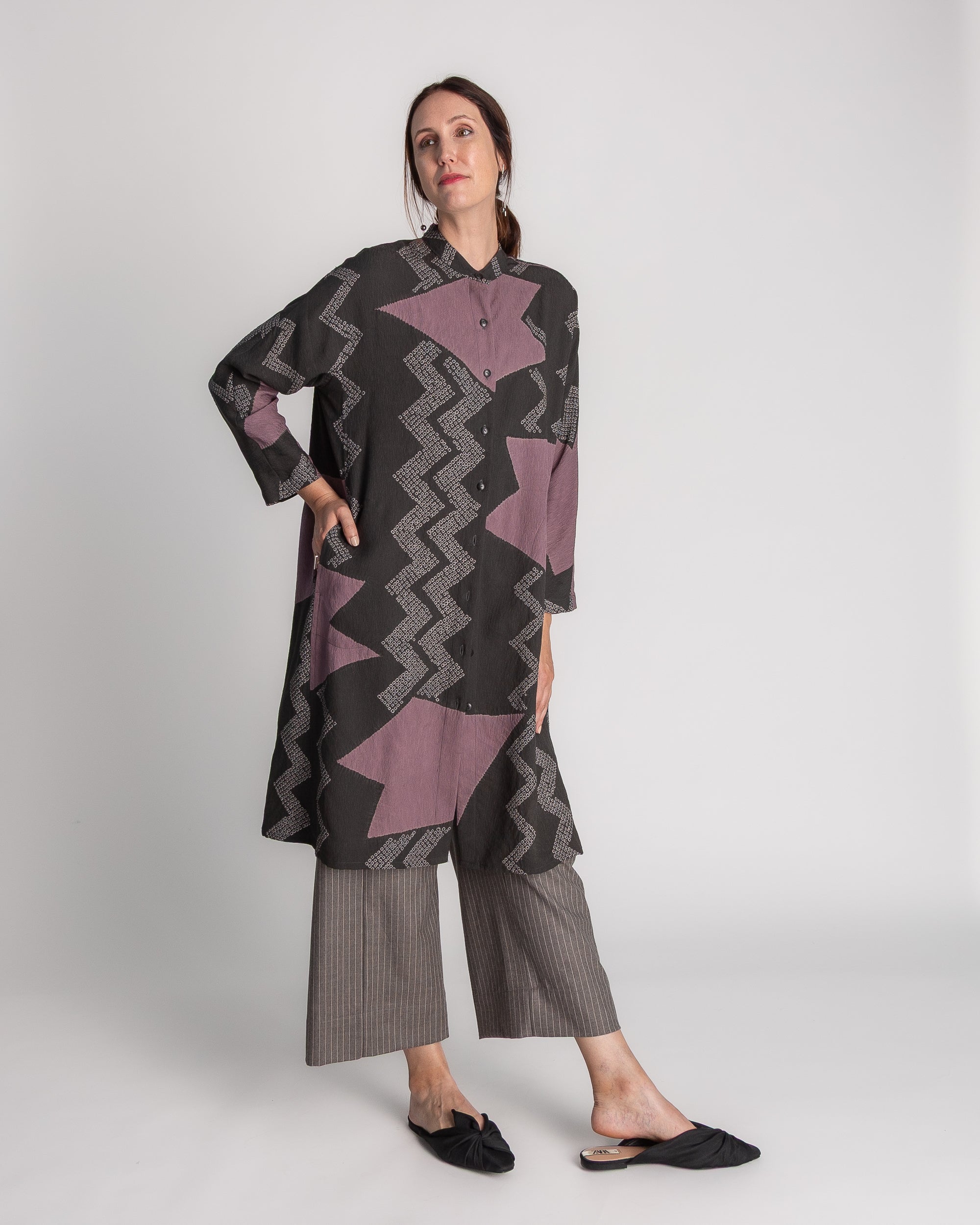 Japan Dress in Vintage Charcoal and Pink Japanese Tie-dyed Silk