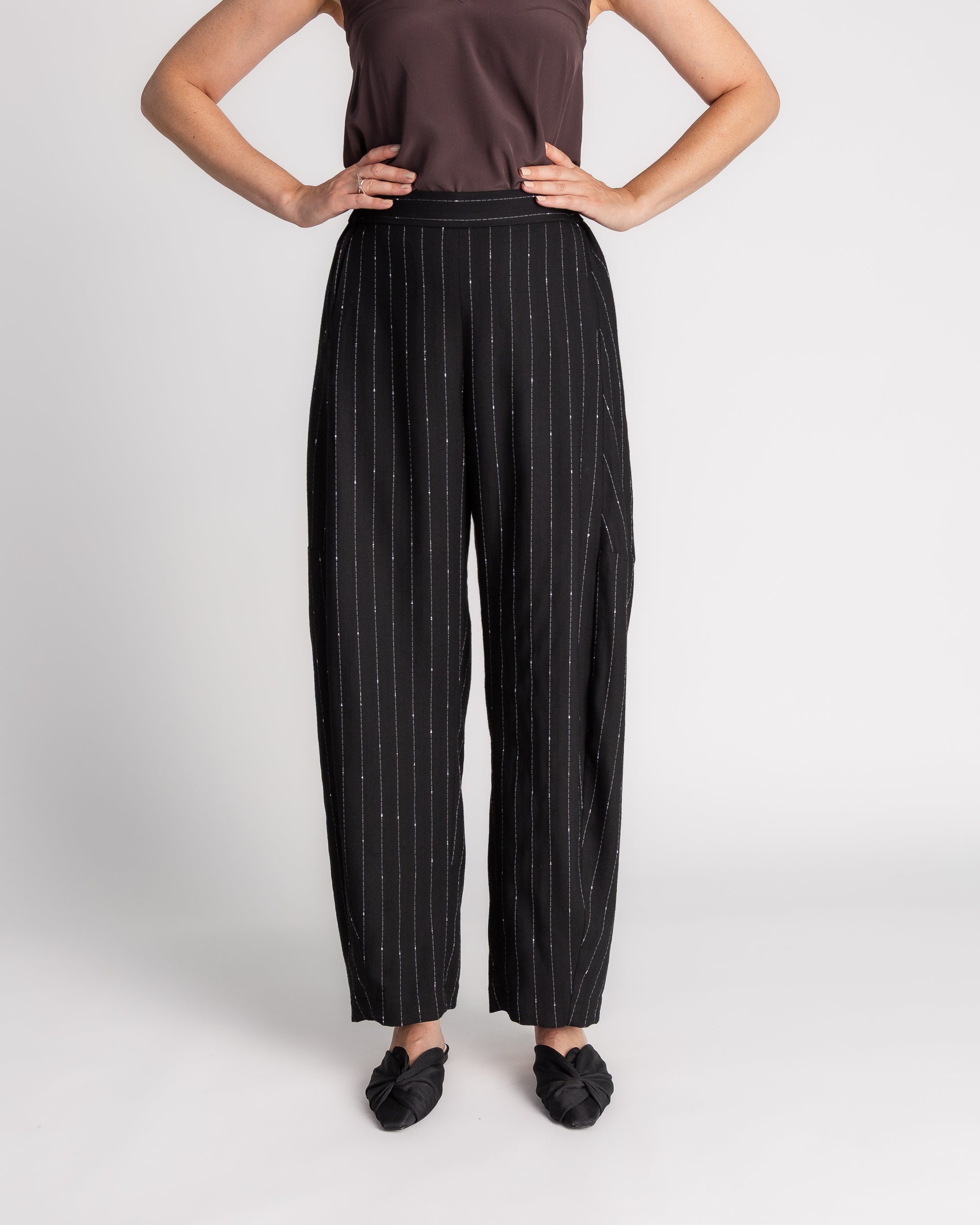 Curve Pant in Black Wool with Slubbed Pin Stripes