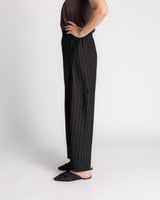 Curve Pant in Black Wool with Slubbed Pin Stripes