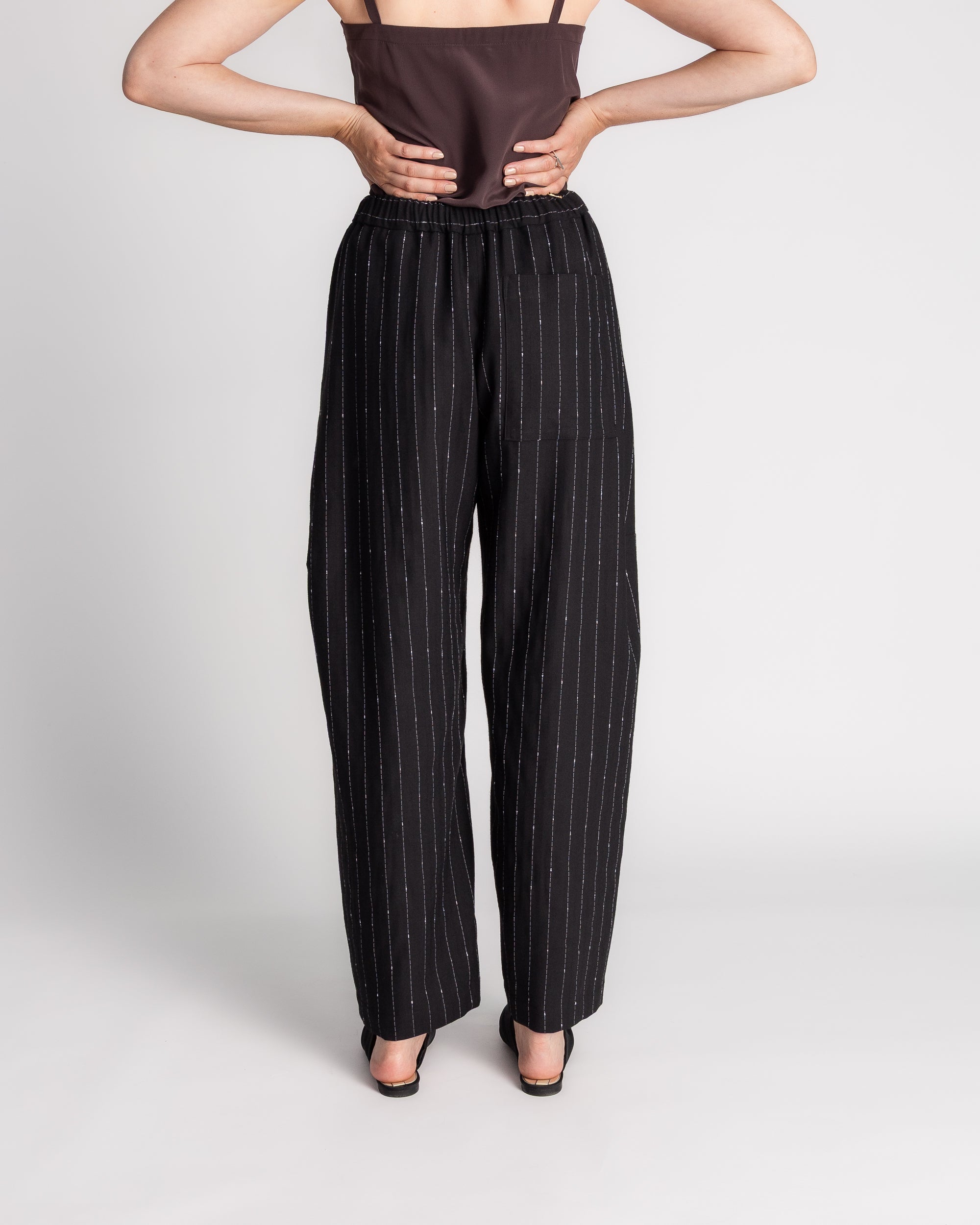 Curve Pant in Black Wool with Slubbed Pin Stripes