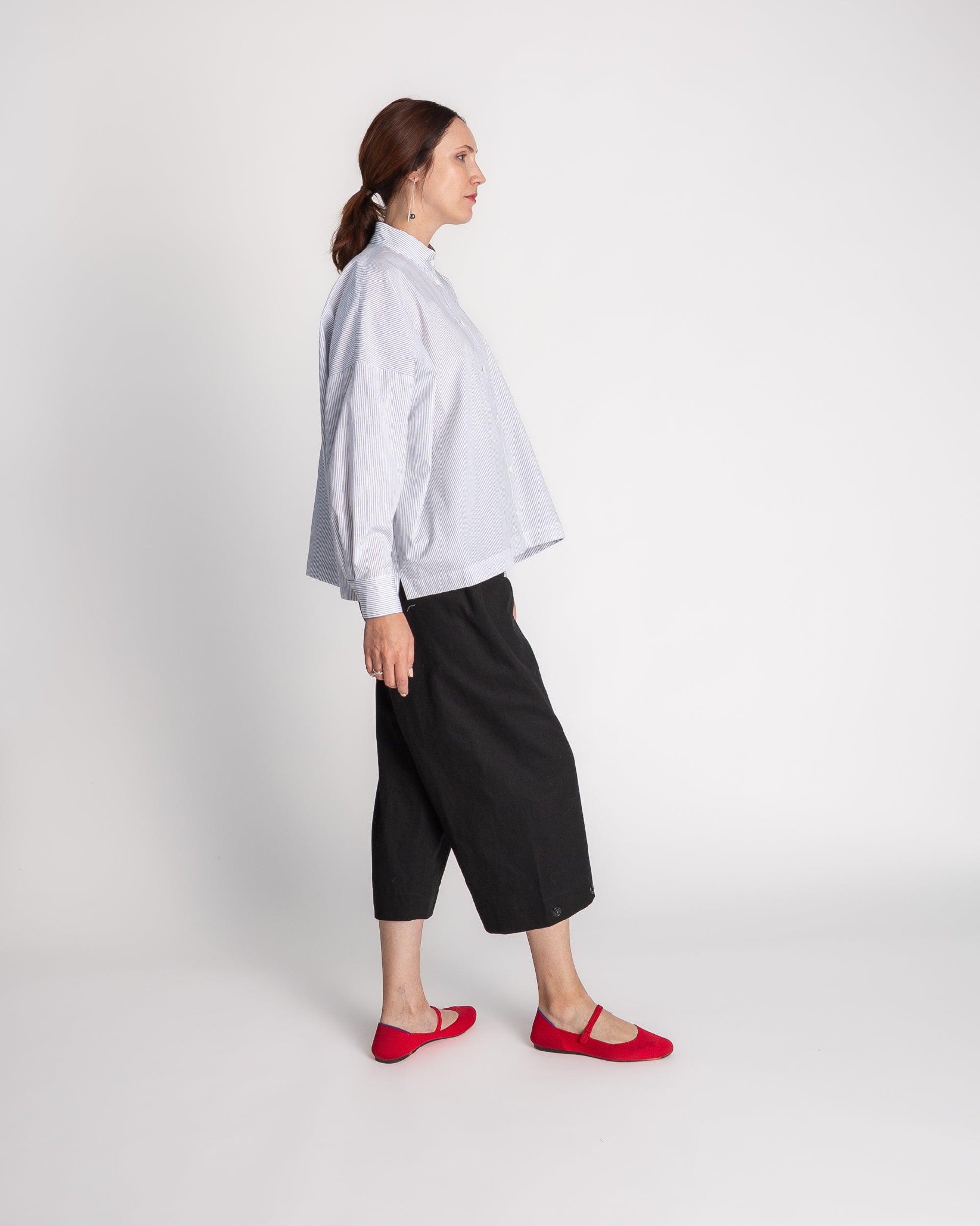 Band Collar Shirt in Cotton Stripe