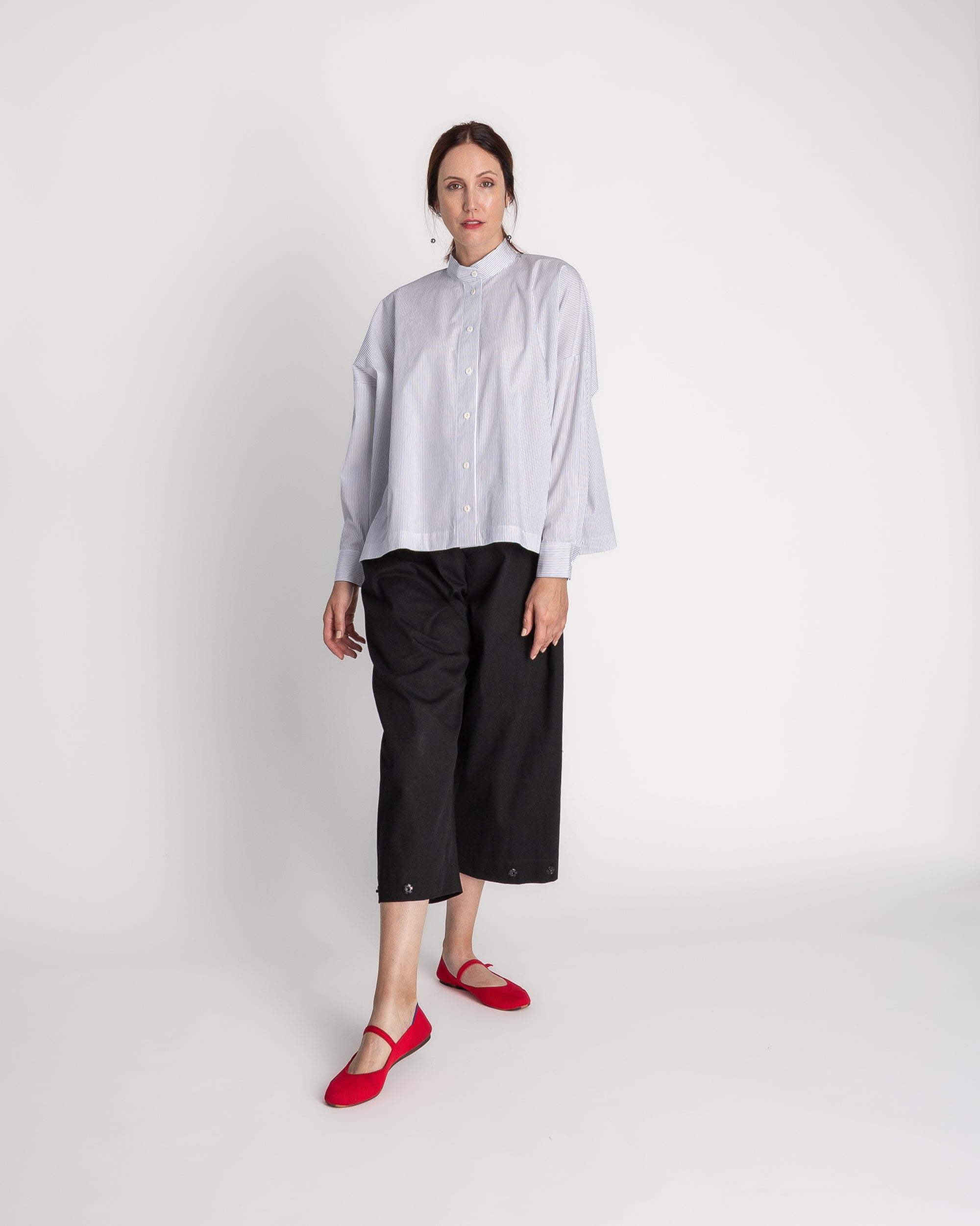 Band Collar Shirt in Cotton Stripe