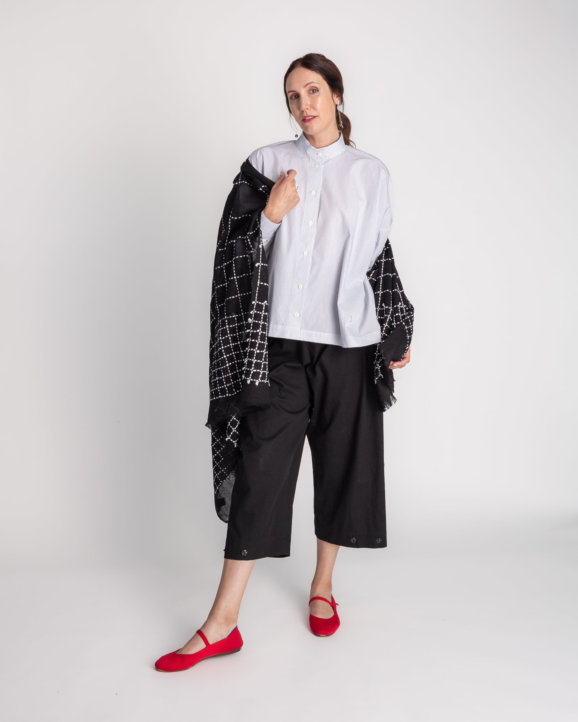 Band Collar Shirt in Cotton Stripe