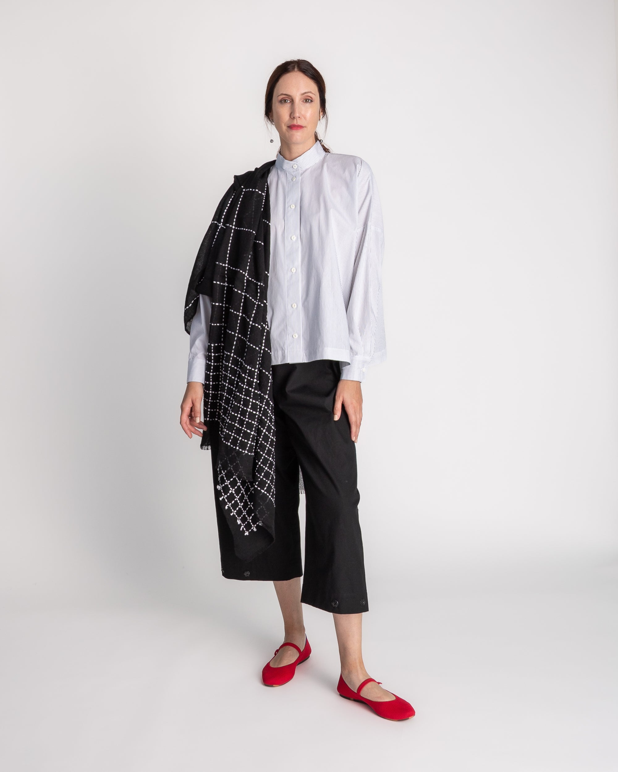 Band Collar Shirt in Cotton Stripe