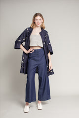 Long Party Jacket in Cotton Denim with Vintage Cotton Ribbon Detail