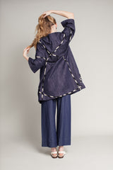 Long Party Jacket in Cotton Denim with Vintage Cotton Ribbon Detail