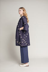 Long Party Jacket in Cotton Denim with Vintage Cotton Ribbon Detail