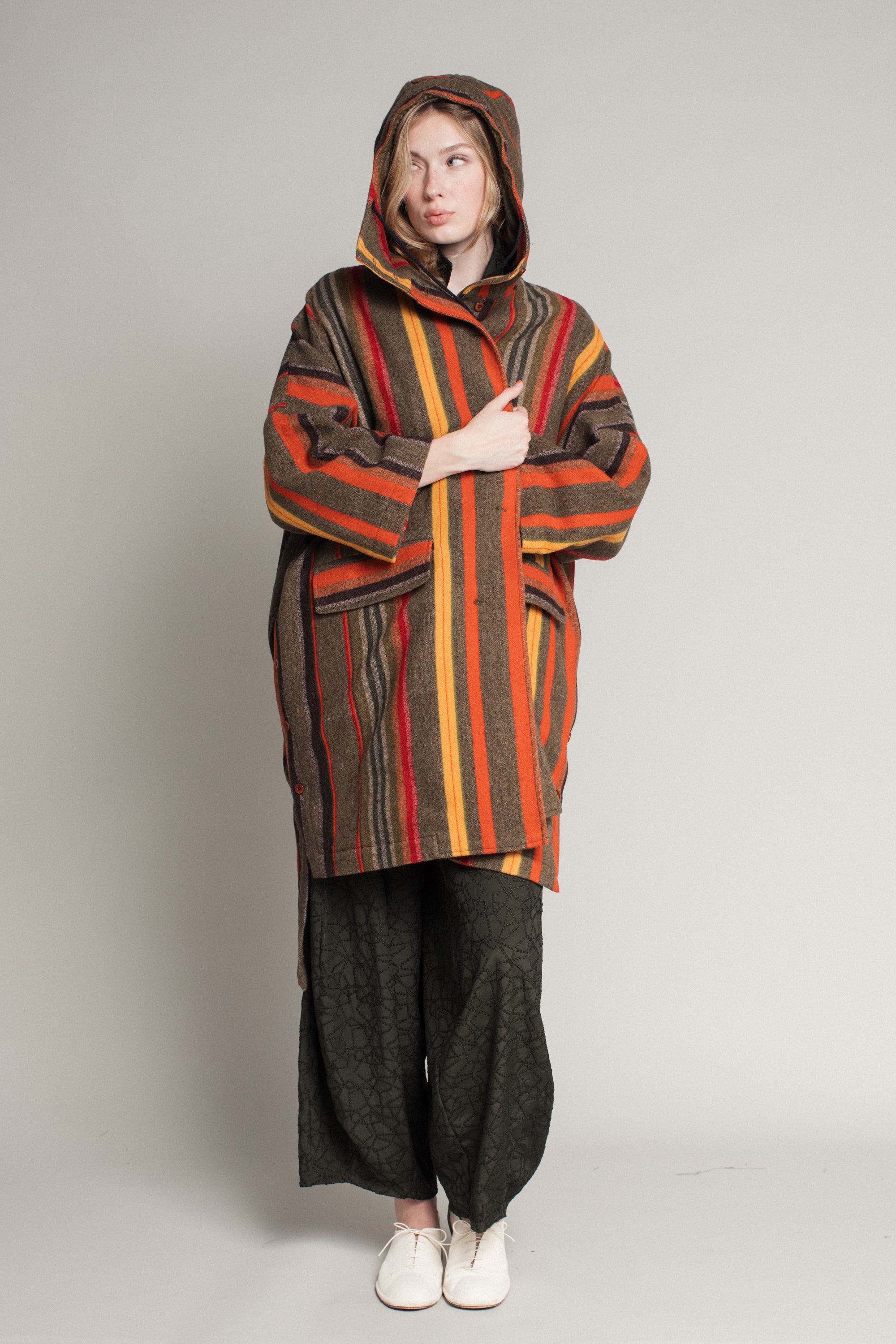 Poncho Coat in Wool Stripe