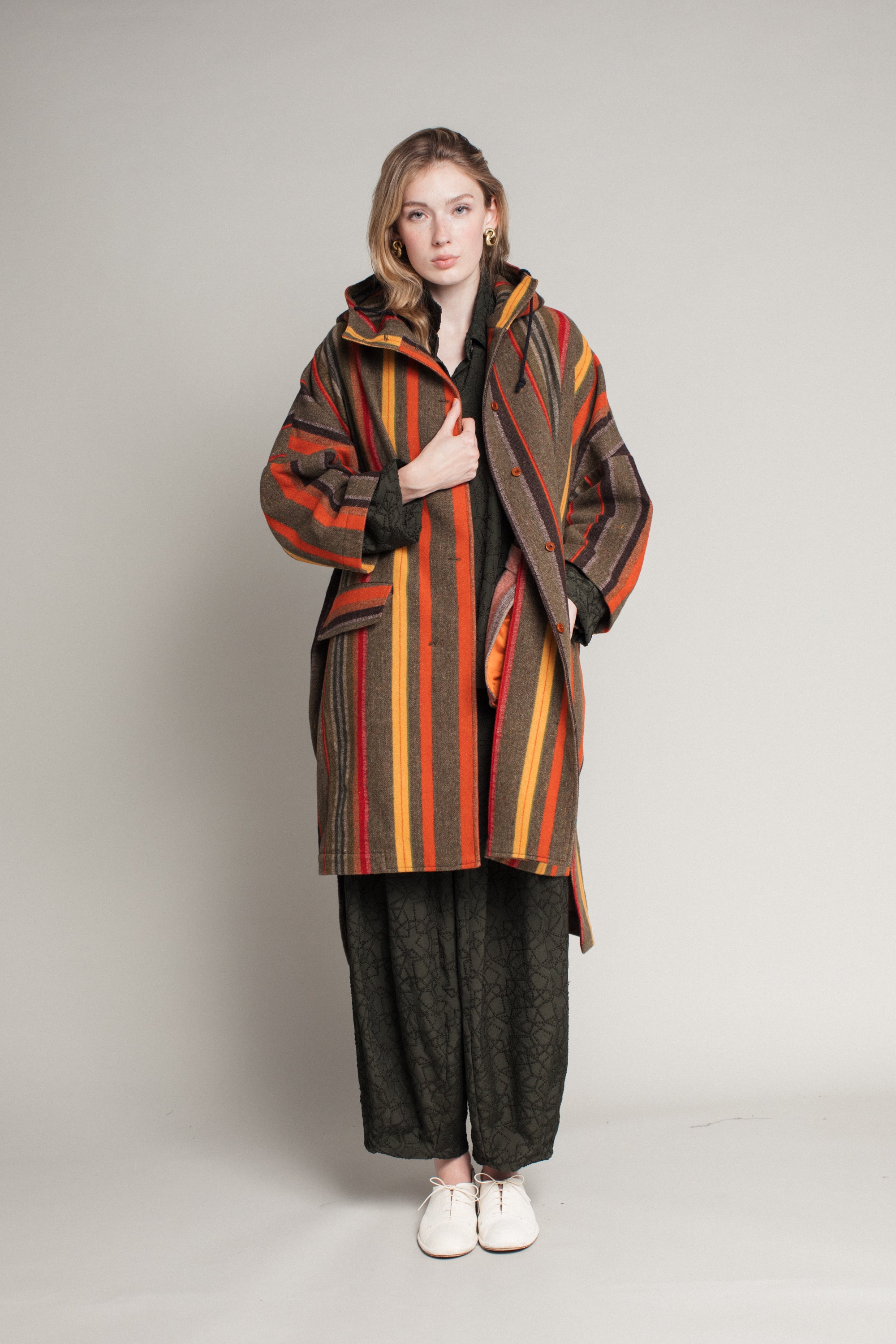 Poncho Coat in Wool Stripe