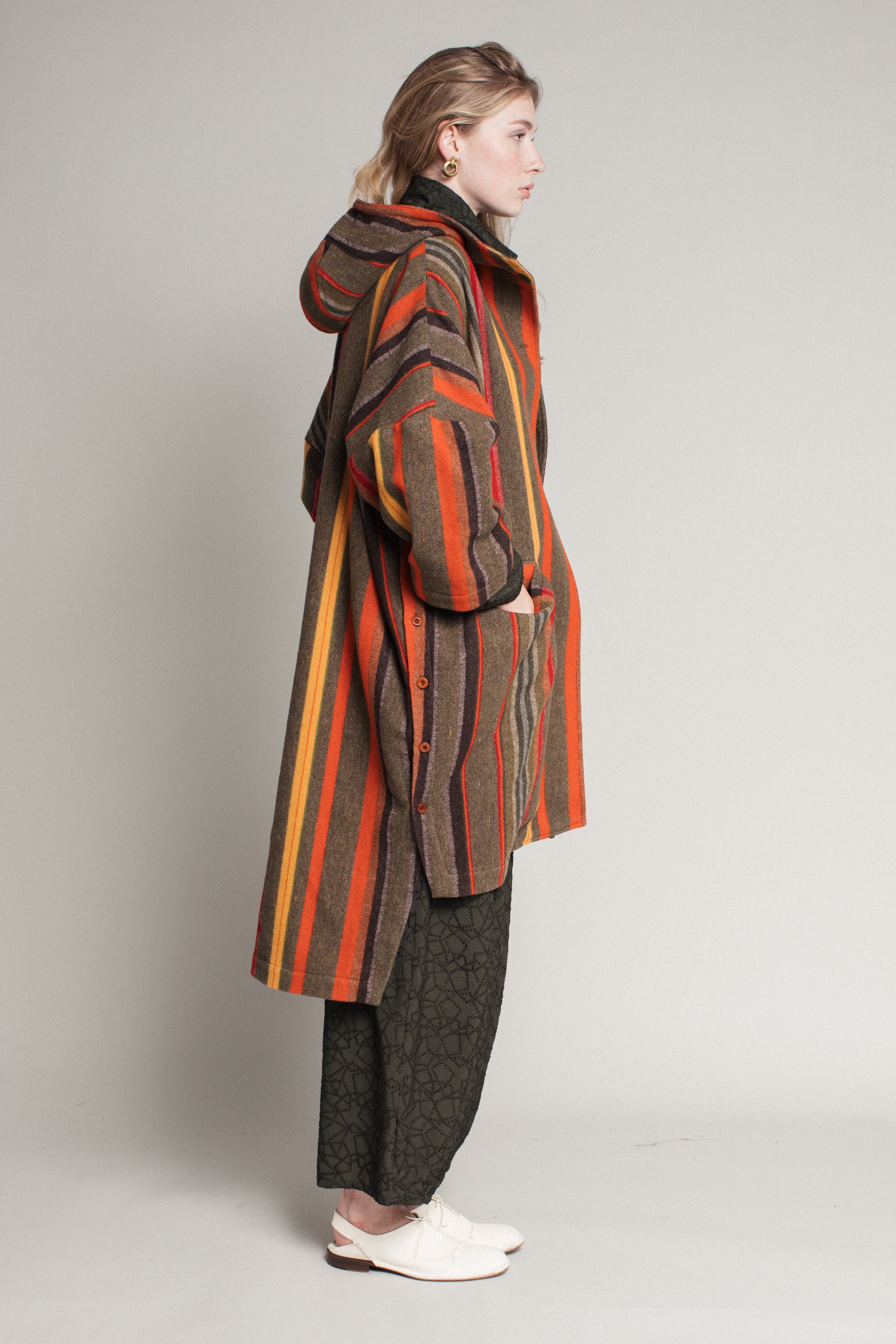 Poncho Coat in Wool Stripe