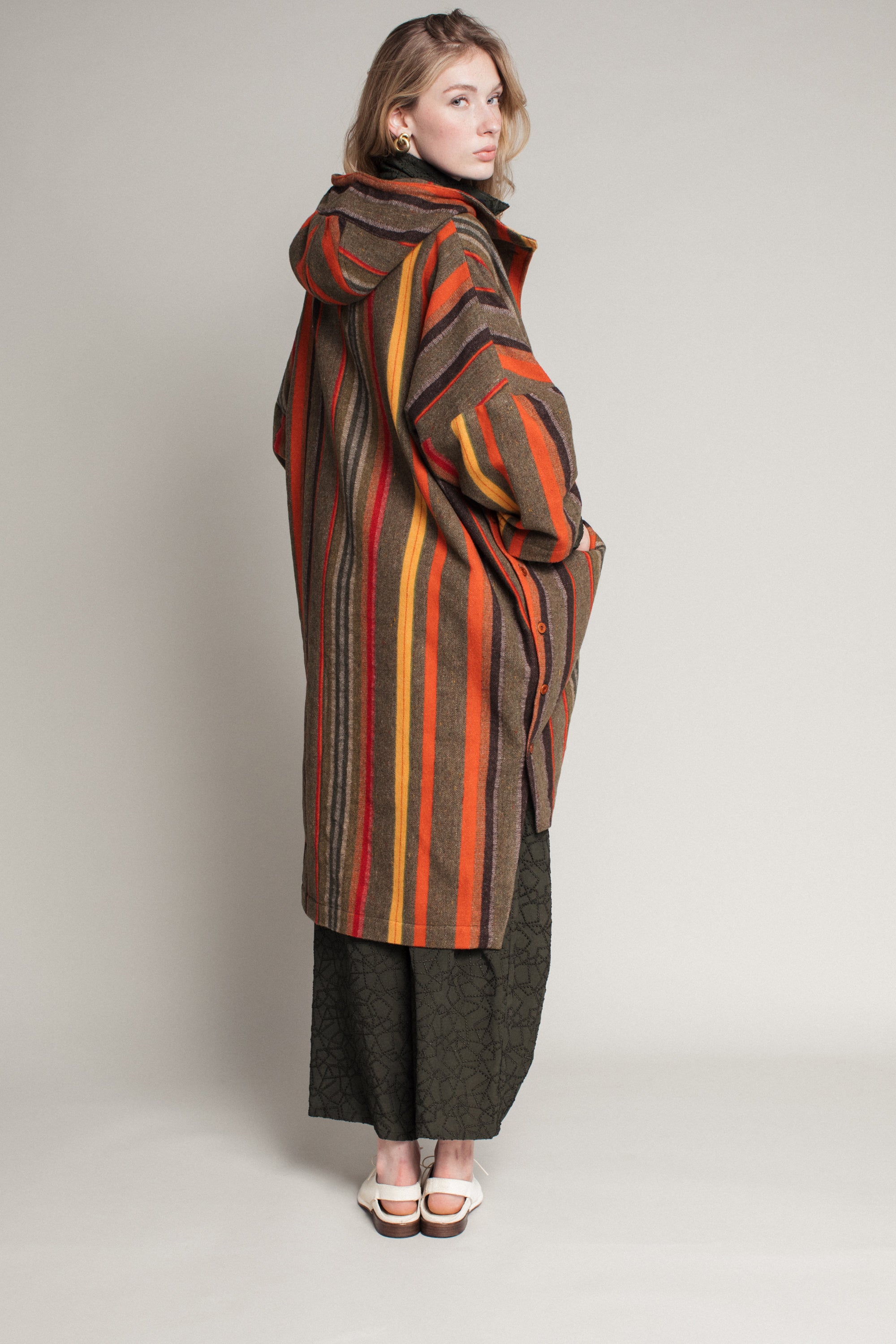 Poncho Coat in Wool Stripe