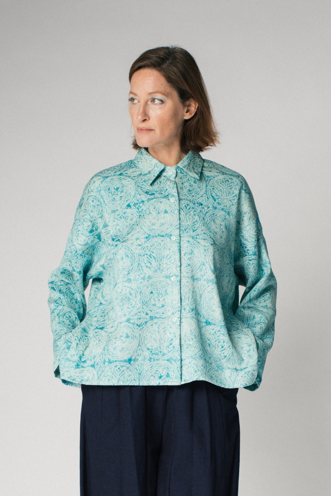 Beverly Shirt in Vintage Japanese Silk Aqua Tie-Dye