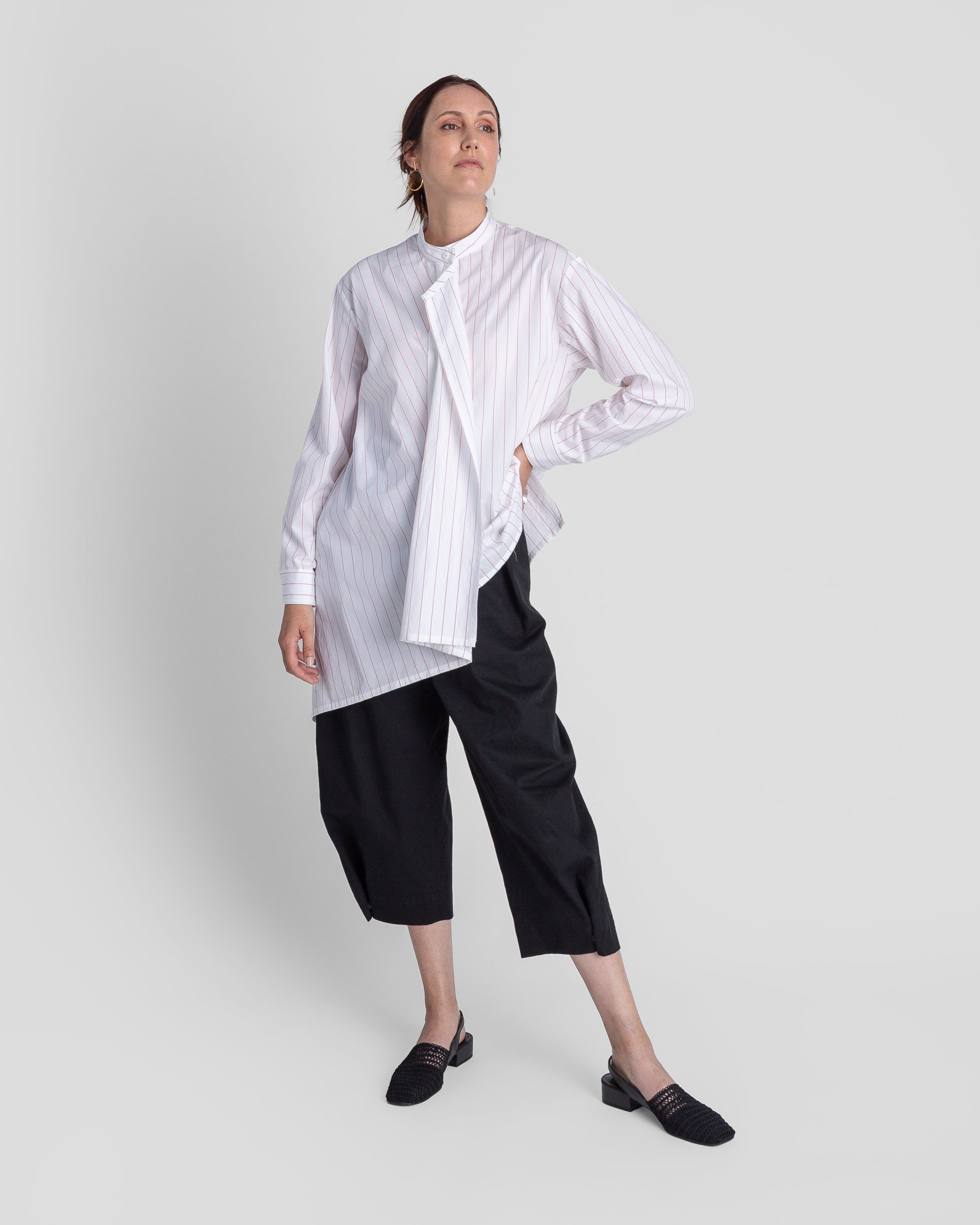 White Cotton Tilt Shirt with Red Stripe