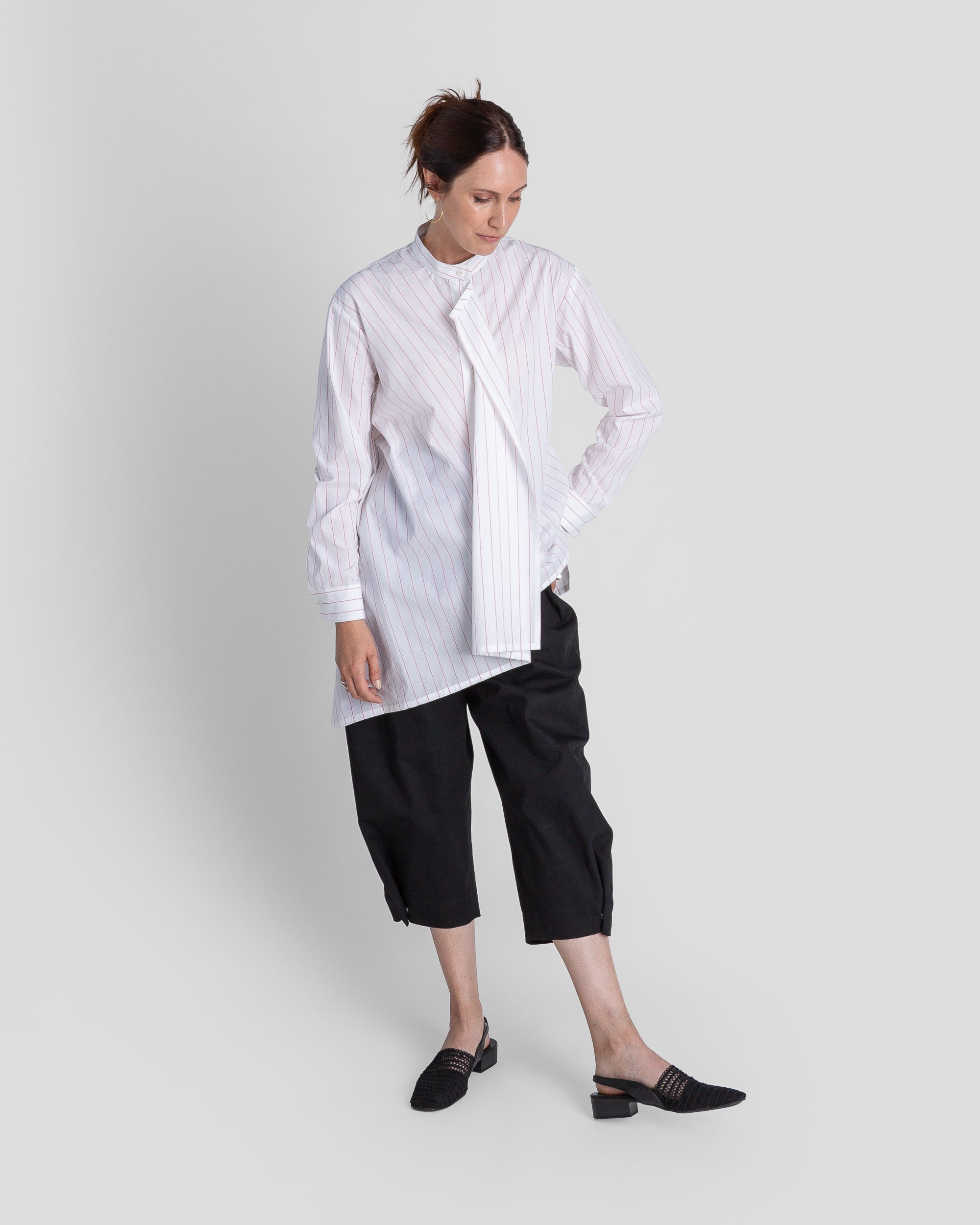 White Cotton Tilt Shirt with Red Stripe