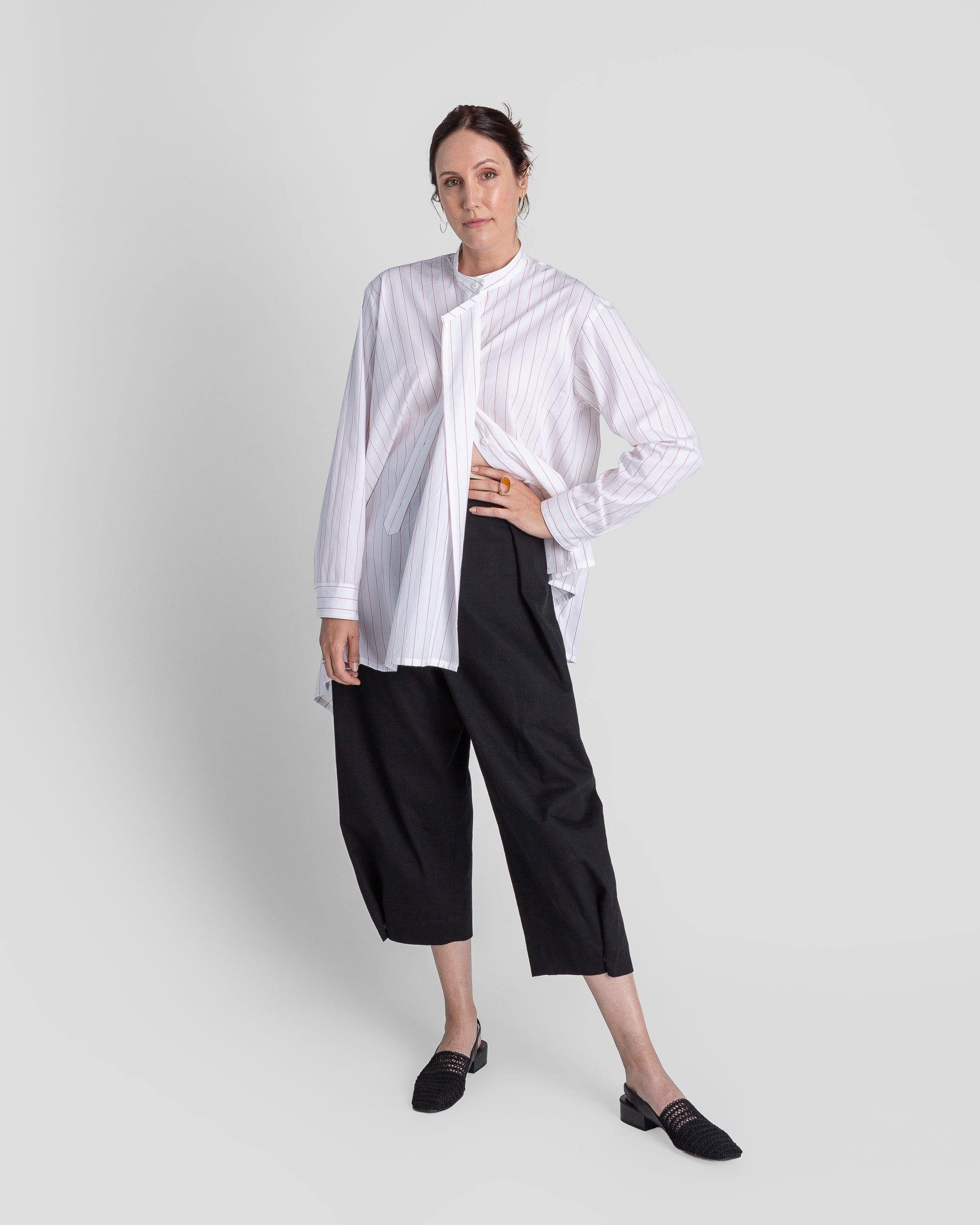 White Cotton Tilt Shirt with Red Stripe