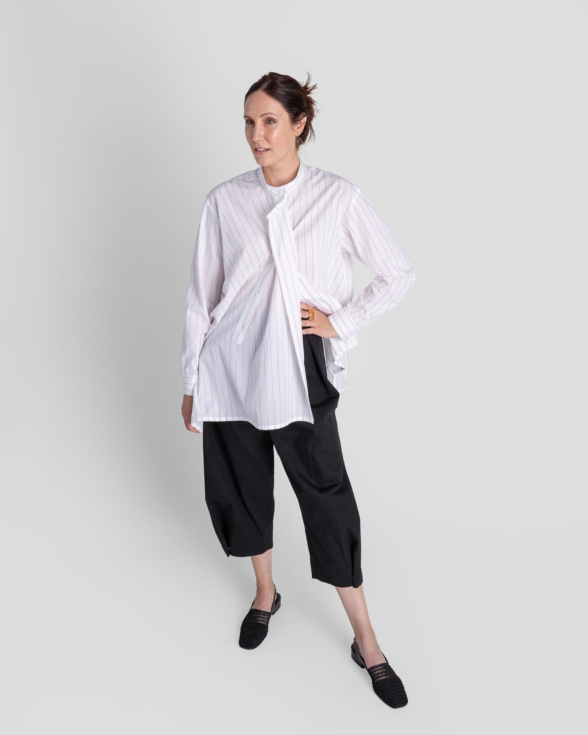 White Cotton Tilt Shirt with Red Stripe