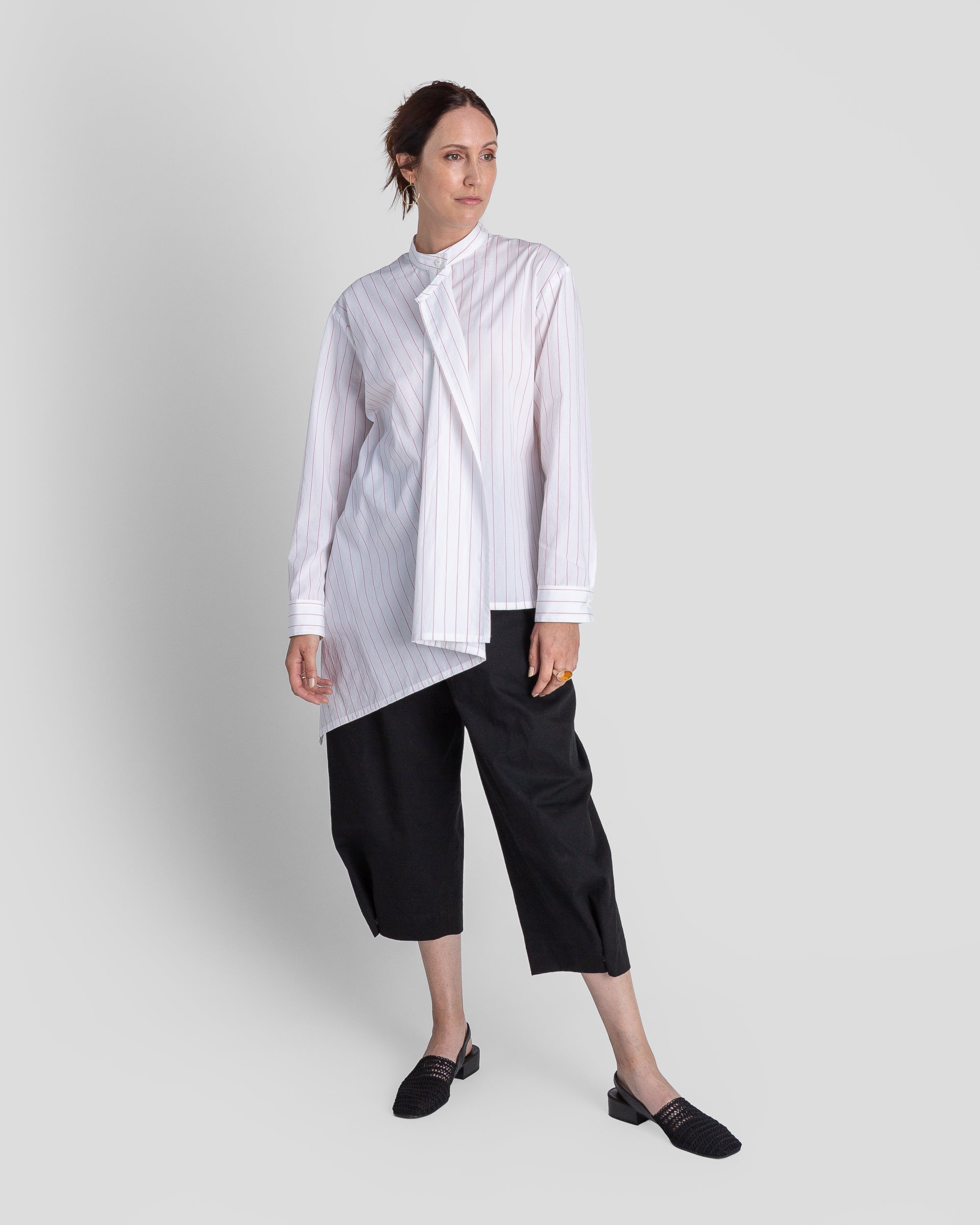 White Cotton Tilt Shirt with Red Stripe