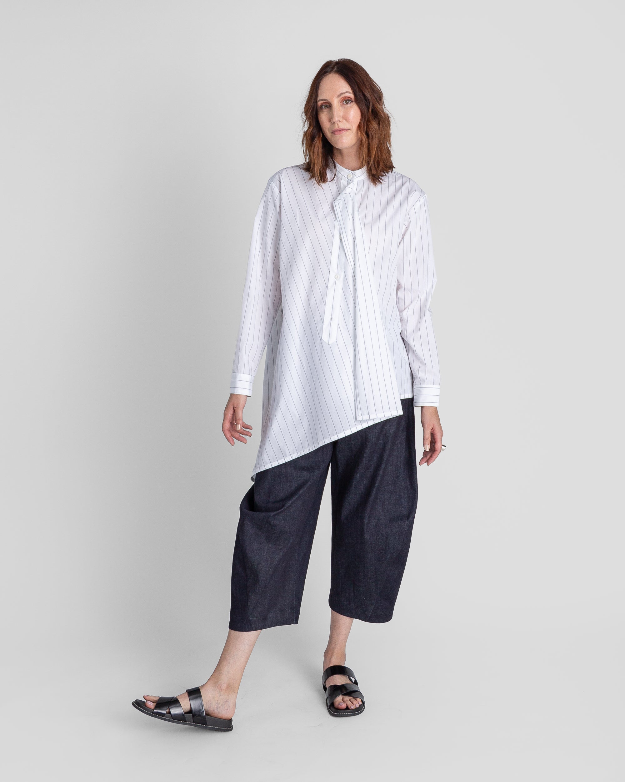 White Cotton Tilt Shirt with Thin Black Stripe