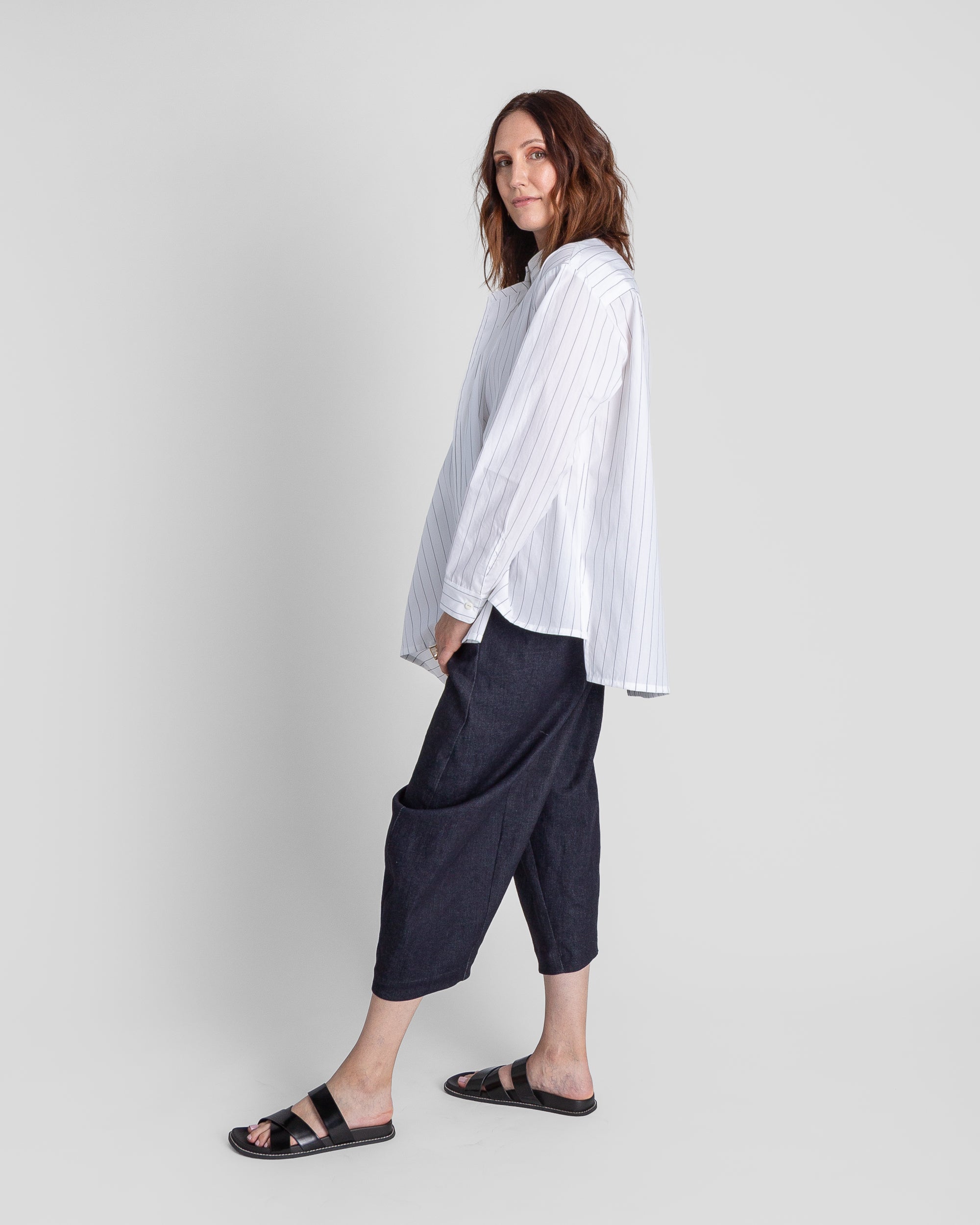 White Cotton Tilt Shirt with Thin Black Stripe