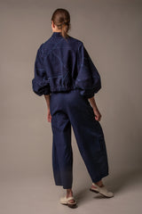 Balloon Bomber in Raw-Pieced Indigo Cotton