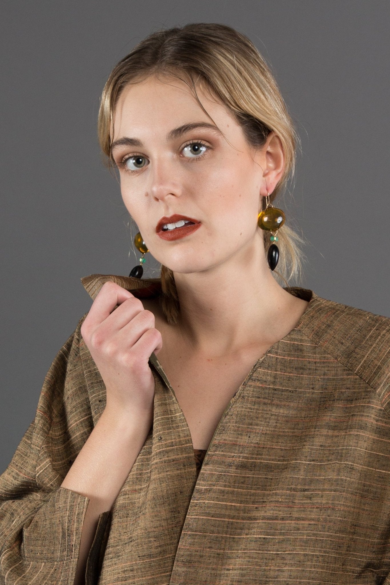 Amber, Jet & Emerald Earrings