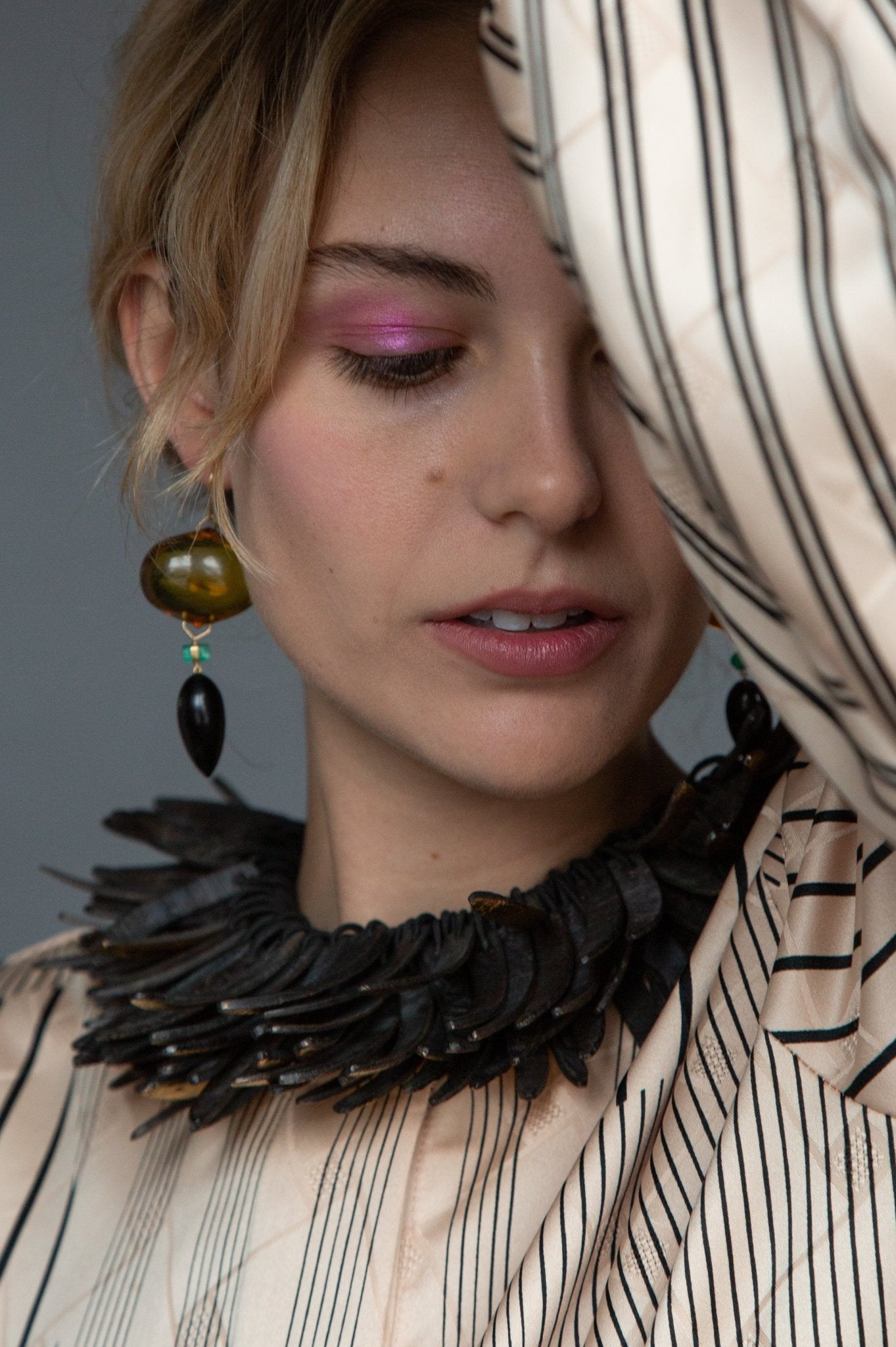 Amber, Jet & Emerald Earrings