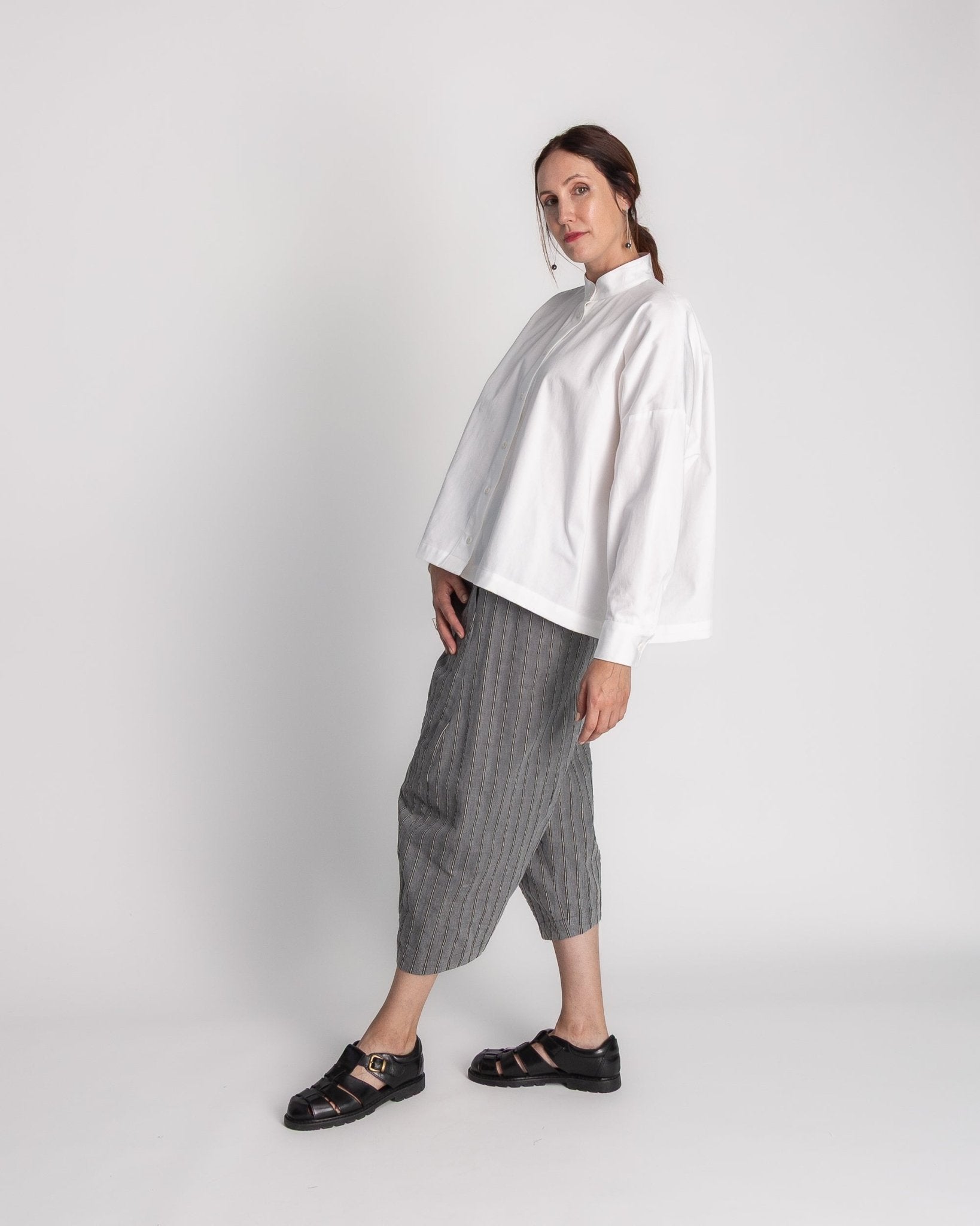 Band Collar Shirt in White Cotton TwillBand Collar Shirt