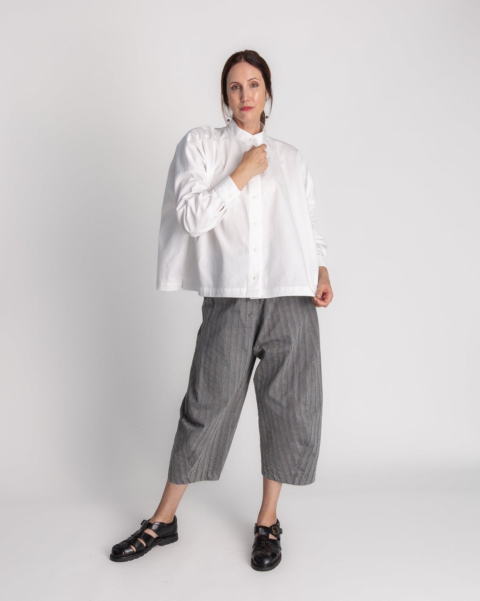 Band Collar Shirt in White Cotton TwillBand Collar Shirt