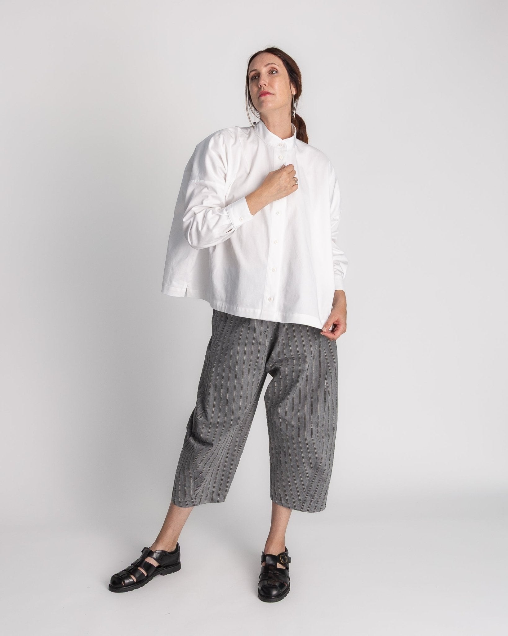 Band Collar Shirt in White Cotton TwillBand Collar Shirt