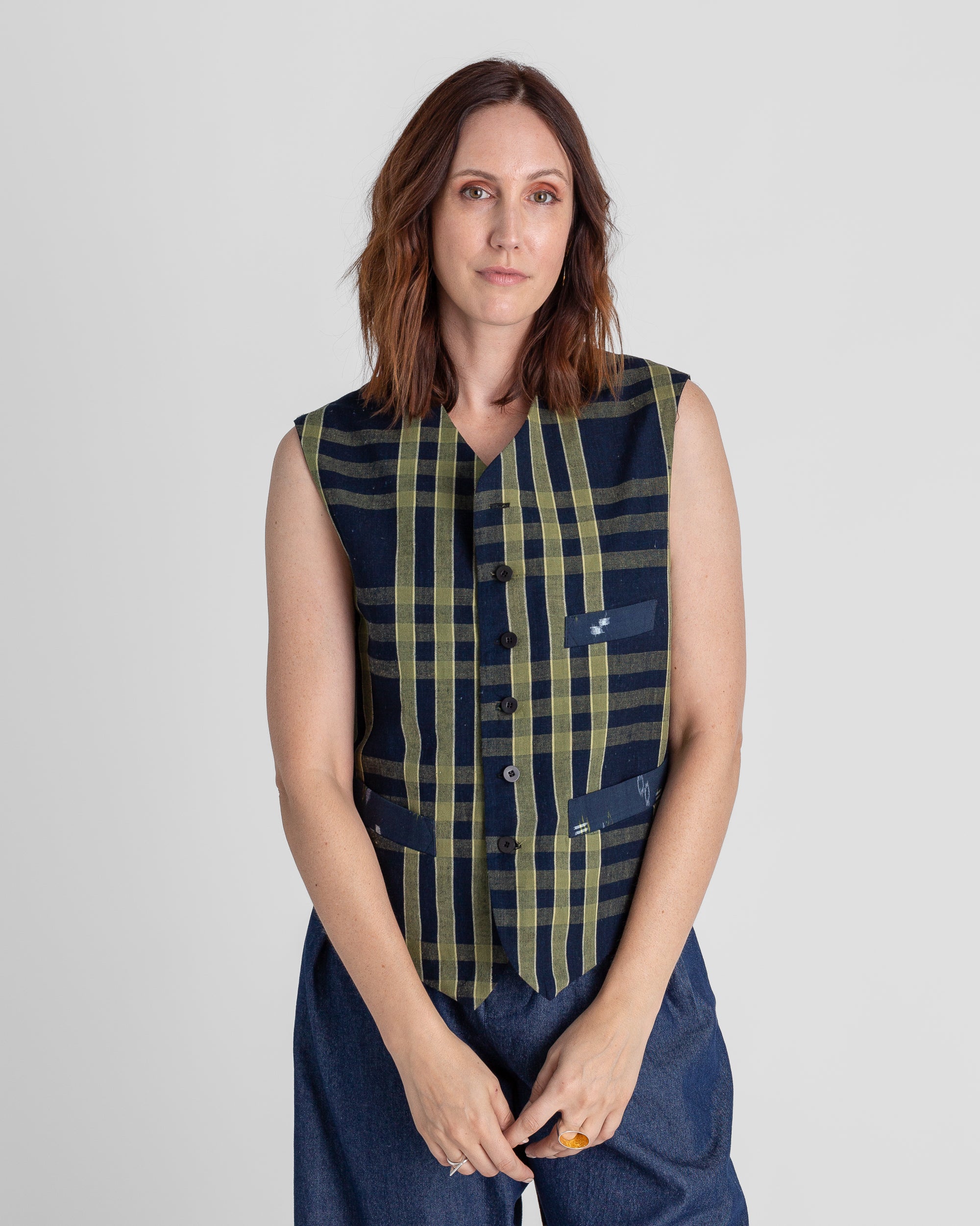 Japan Vest in Vintage Japanese Cotton Ikat Mix