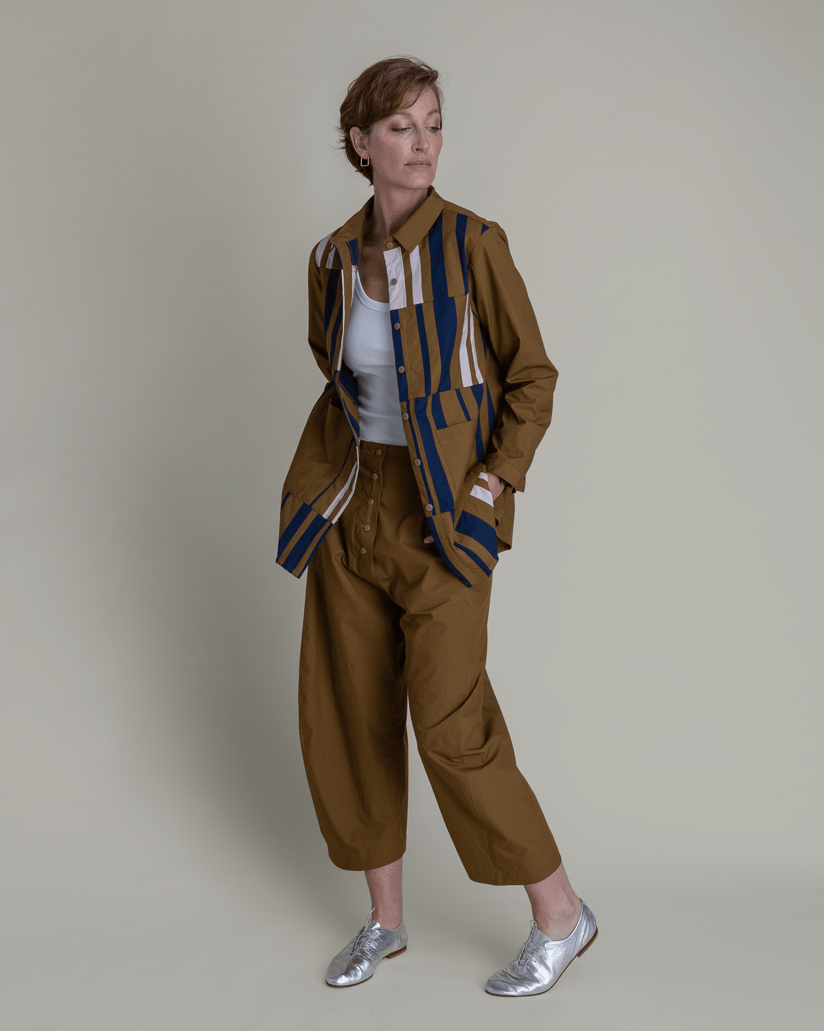 Casual Jacket in Tobacco Cotton Poplin with Pieced BarsCasual Jacket