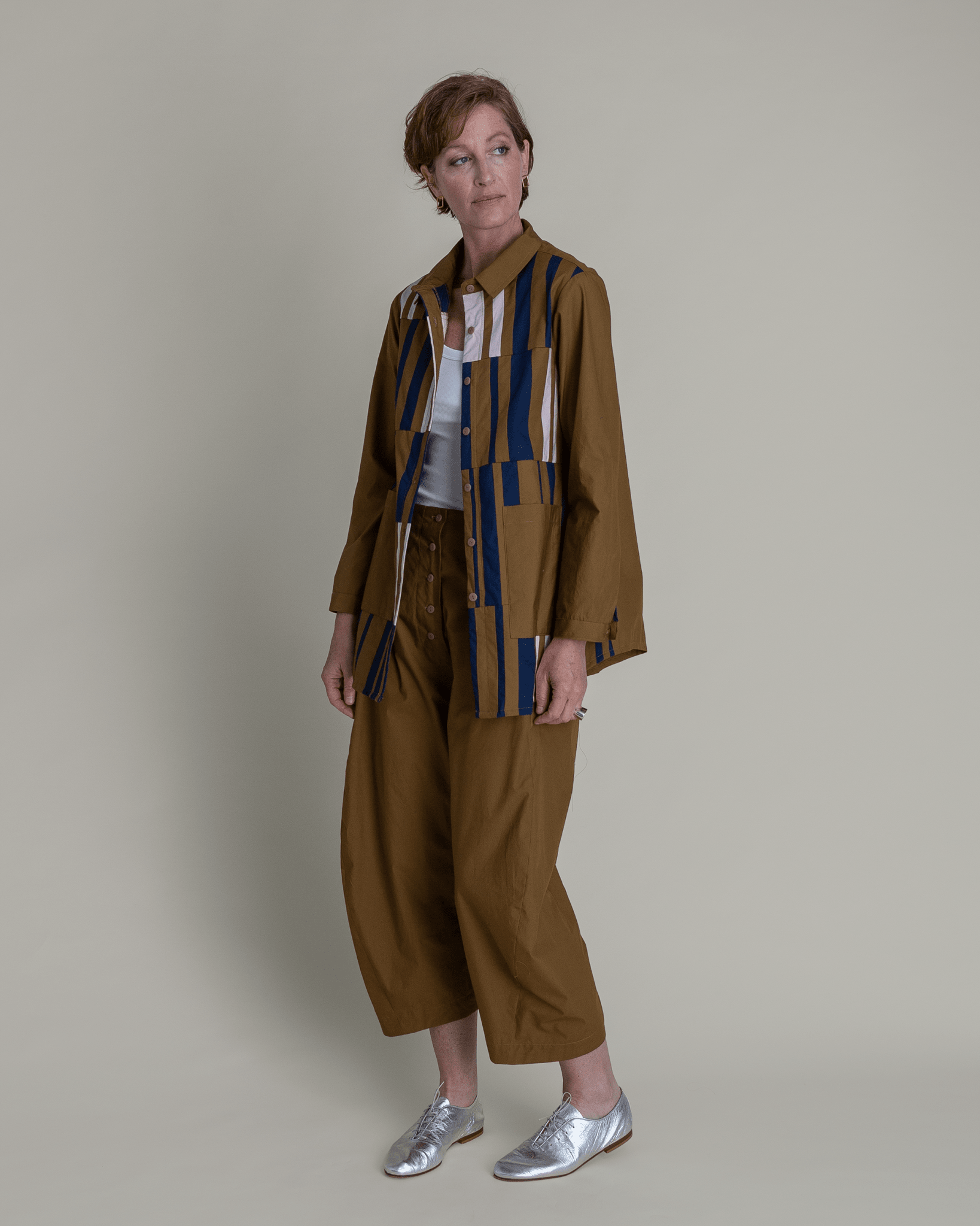 Casual Jacket in Tobacco Cotton Poplin with Pieced BarsCasual Jacket