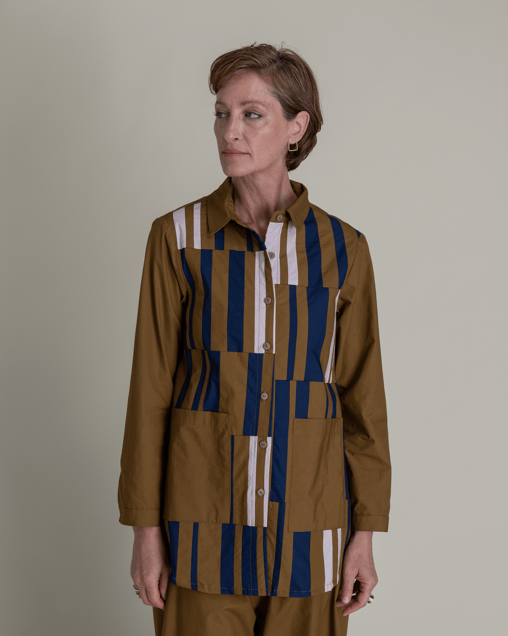 Casual Jacket in Tobacco Cotton Poplin with Pieced BarsCasual Jacket