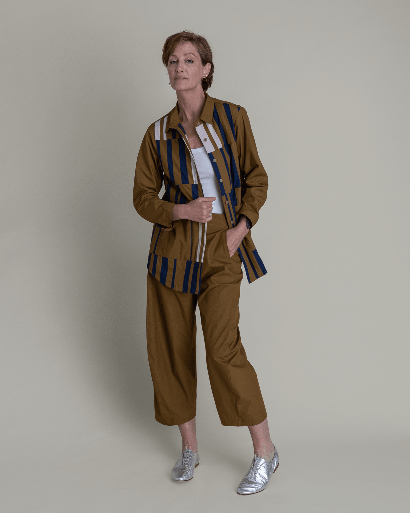 Casual Jacket in Tobacco Cotton Poplin with Pieced BarsCasual Jacket