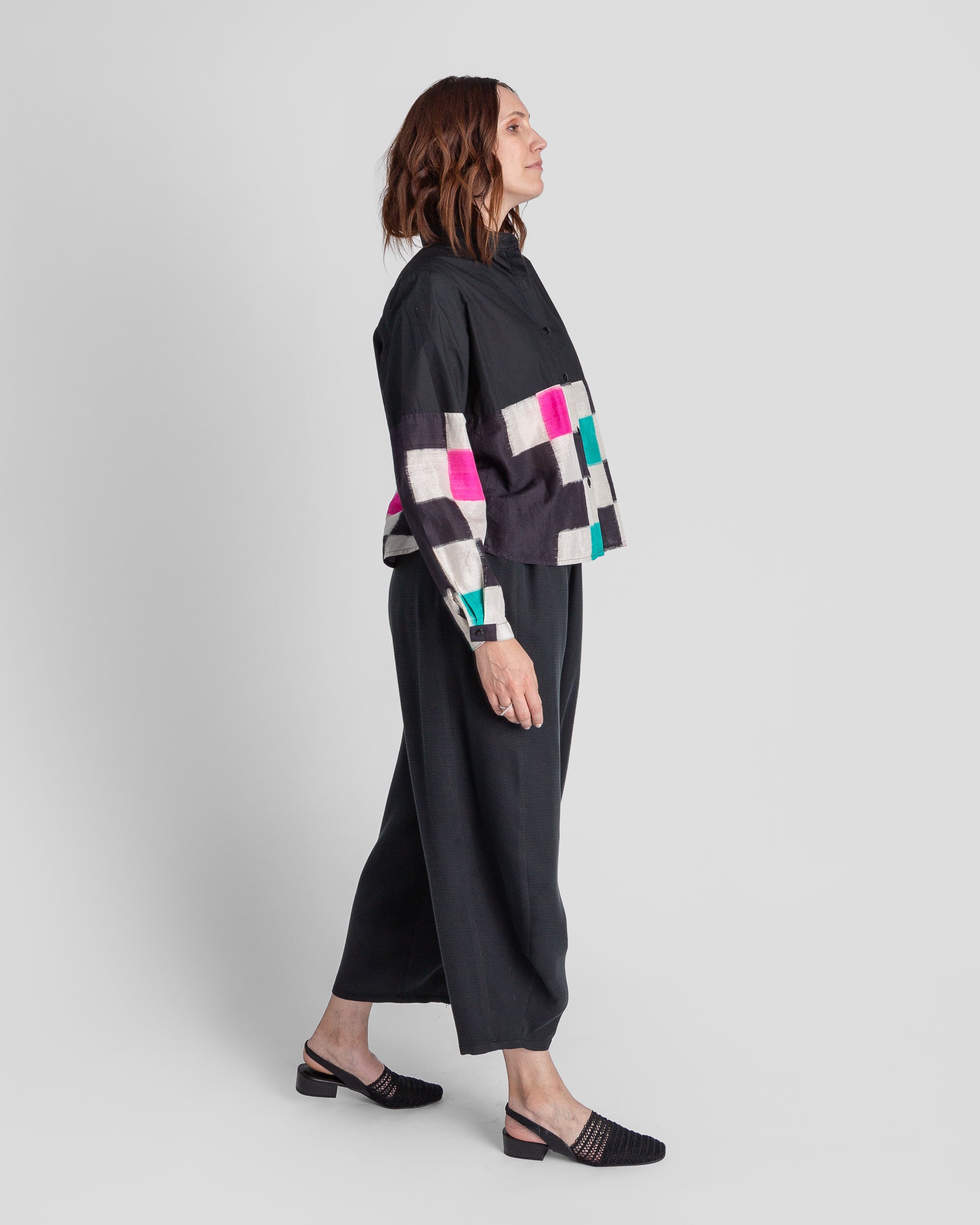 Mini Shirt in Black Cotton Poplin and Vintage Silk Ikat