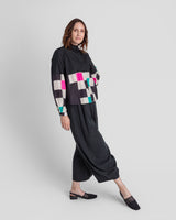 Mini Shirt in Black Cotton Poplin and Vintage Silk Ikat