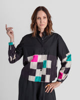 Mini Shirt in Black Cotton Poplin and Vintage Silk Ikat