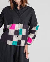 Mini Shirt in Black Cotton Poplin and Vintage Silk Ikat