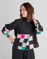 Mini Shirt in Black Cotton Poplin and Vintage Silk Ikat