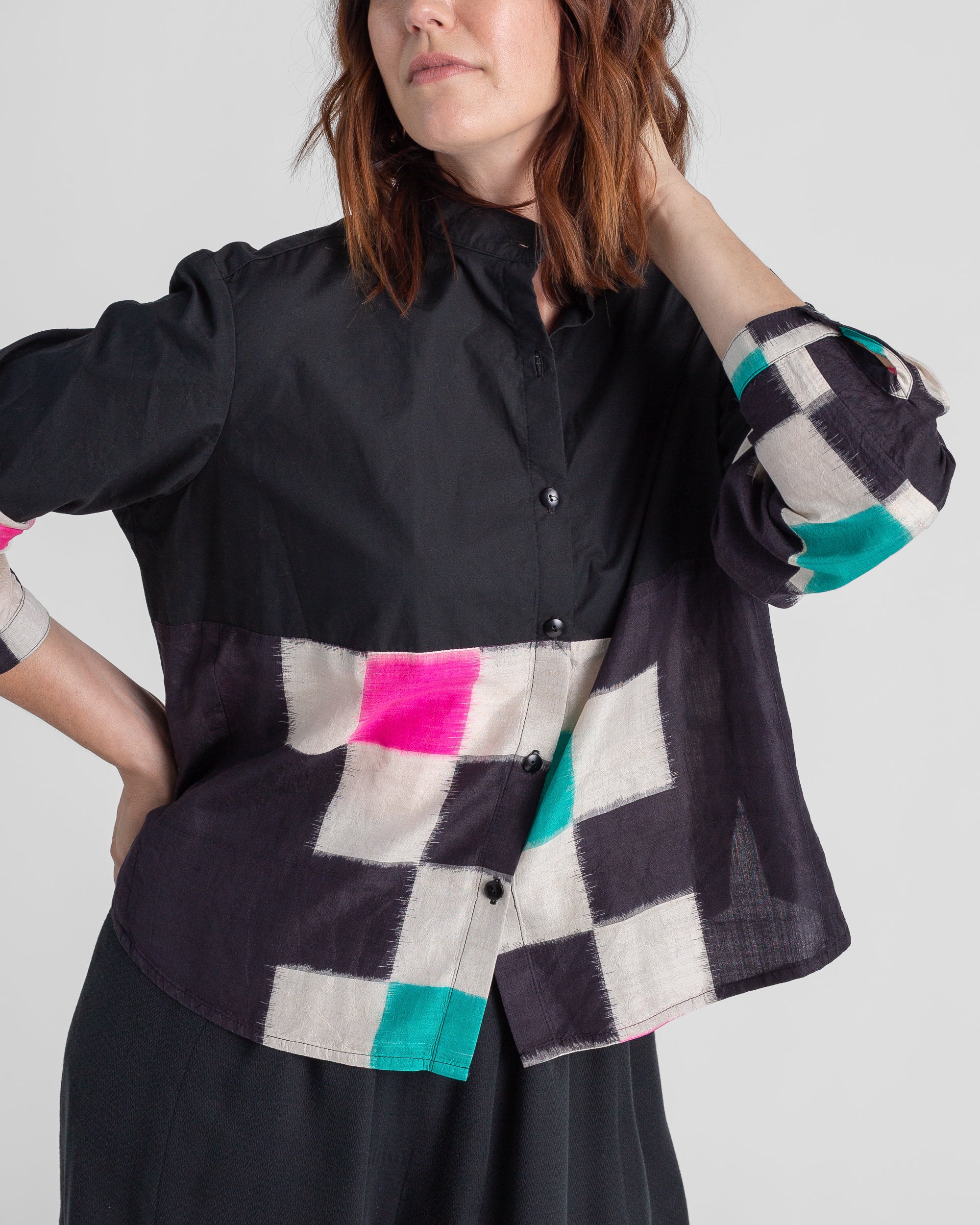 Mini Shirt in Black Cotton Poplin and Vintage Silk Ikat