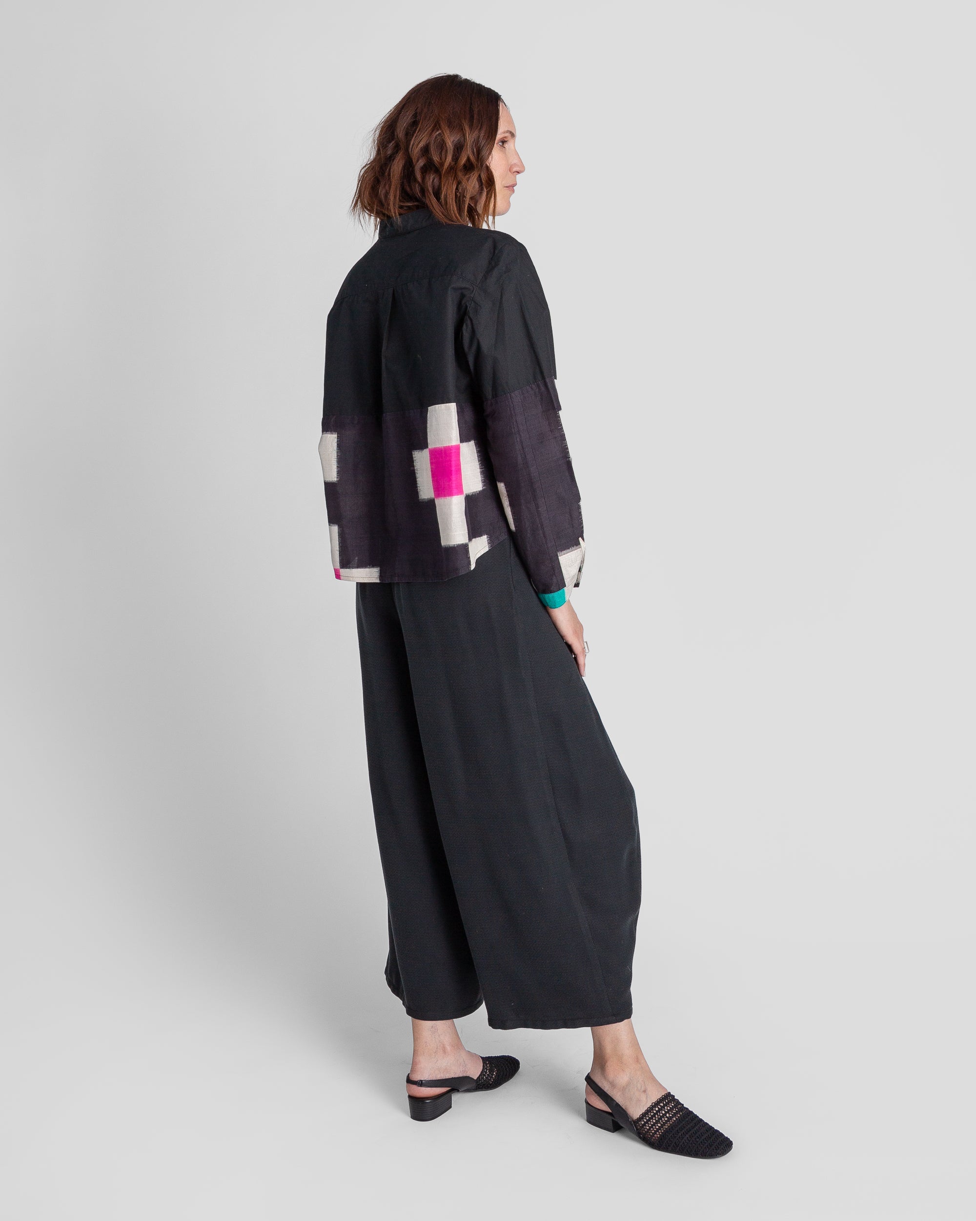 Mini Shirt in Black Cotton Poplin and Vintage Silk Ikat
