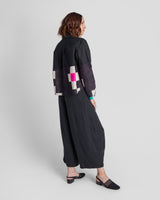 Mini Shirt in Black Cotton Poplin and Vintage Silk Ikat