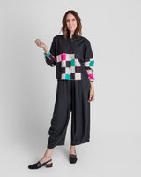 Mini Shirt in Black Cotton Poplin and Vintage Silk Ikat