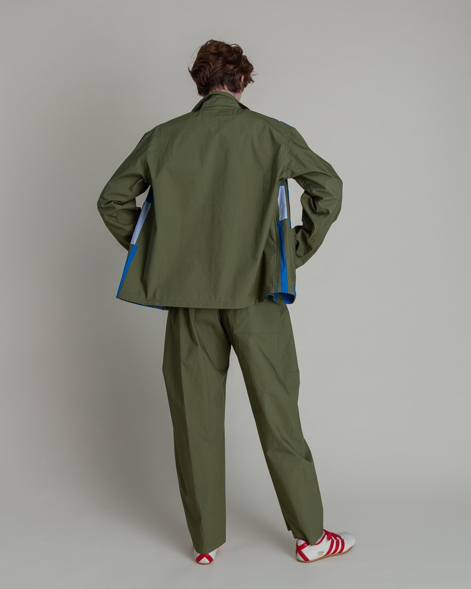 Chore Jacket in Green Cotton Poplin with Pieced BarsChore Jacket
