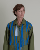 Chore Jacket in Green Cotton Poplin with Pieced BarsChore Jacket