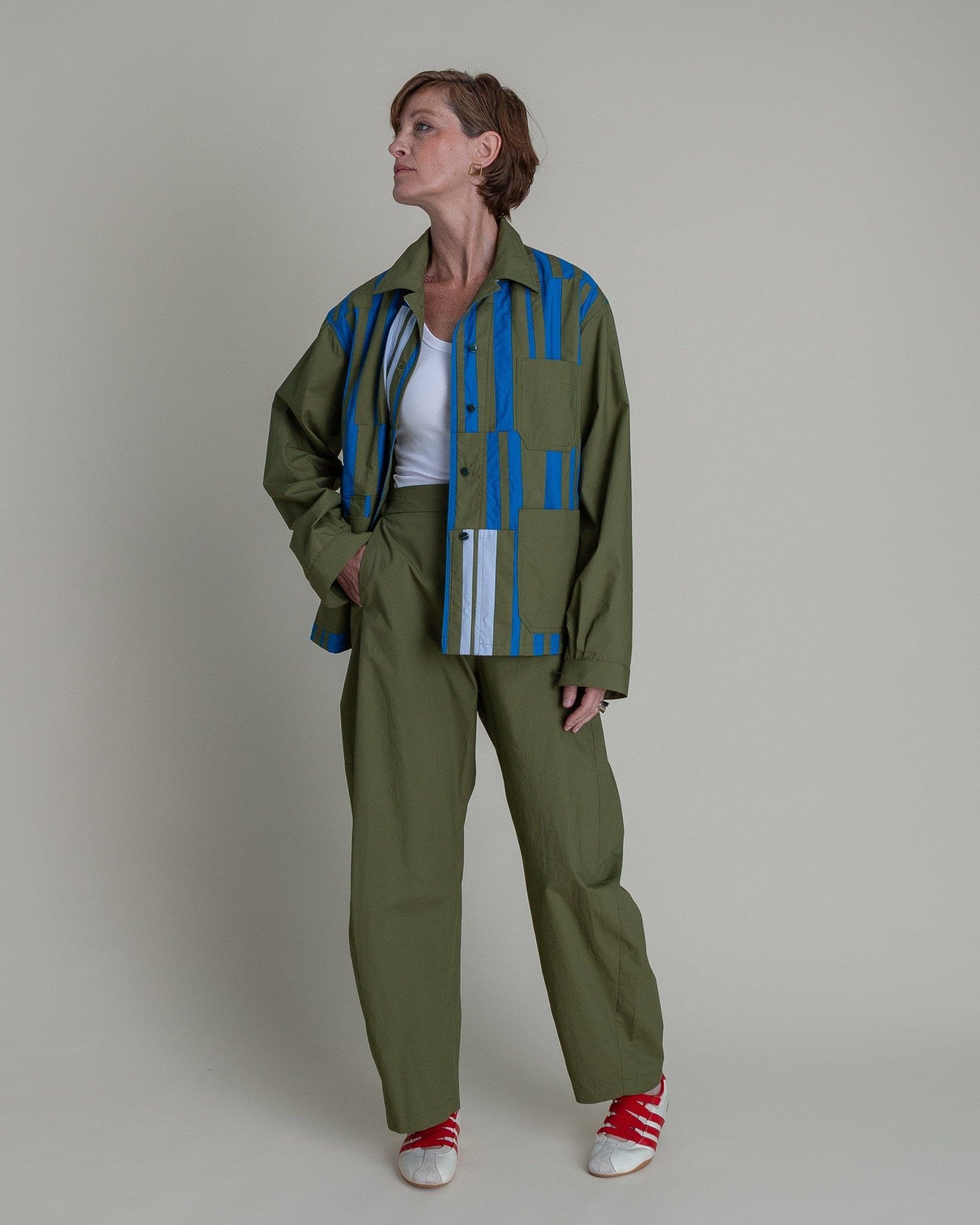 Chore Jacket in Green Cotton Poplin with Pieced BarsChore Jacket